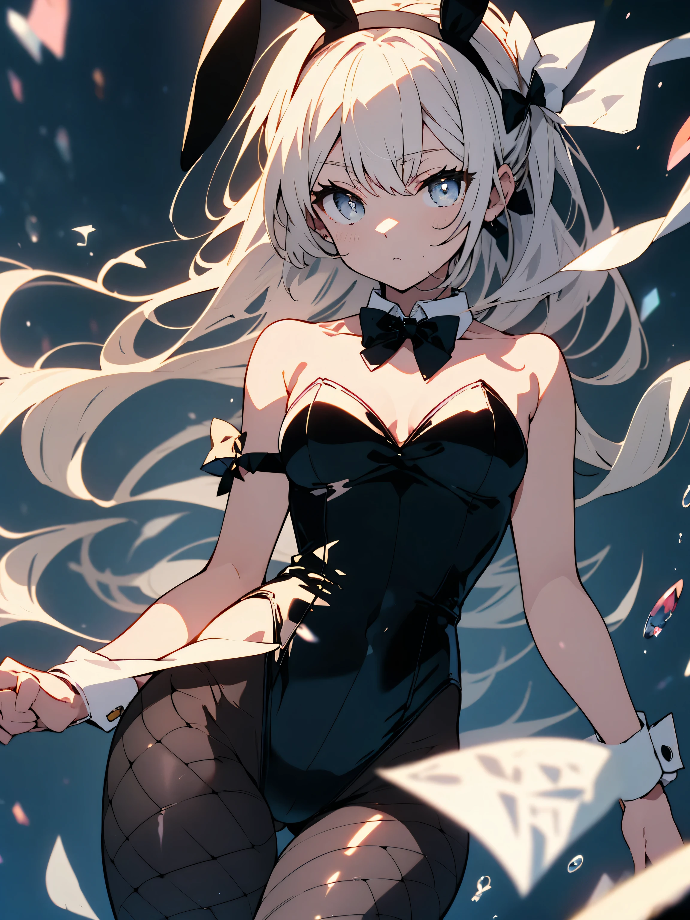 (highest quality、masterpiece、High resolution、detailed)、(Shining eyes、detailed beautiful face)、4K、bunny_girl,wearing a black bunny girl outfit,Animal ear headband,(black rabbit ear:1.1),(white collar and black bow tie:1.3),(cuffs:1.3),(white cuffs:1.1),leotard,black leotard,(bare shoulders:1.2),(shoulderless:1.2),(strapless:1.2),(No shoulder straps:1.2),leather leotard,wearing tights under the leotard,(fishnet pantyhose:1.2),bunny tail、(beautiful anime)