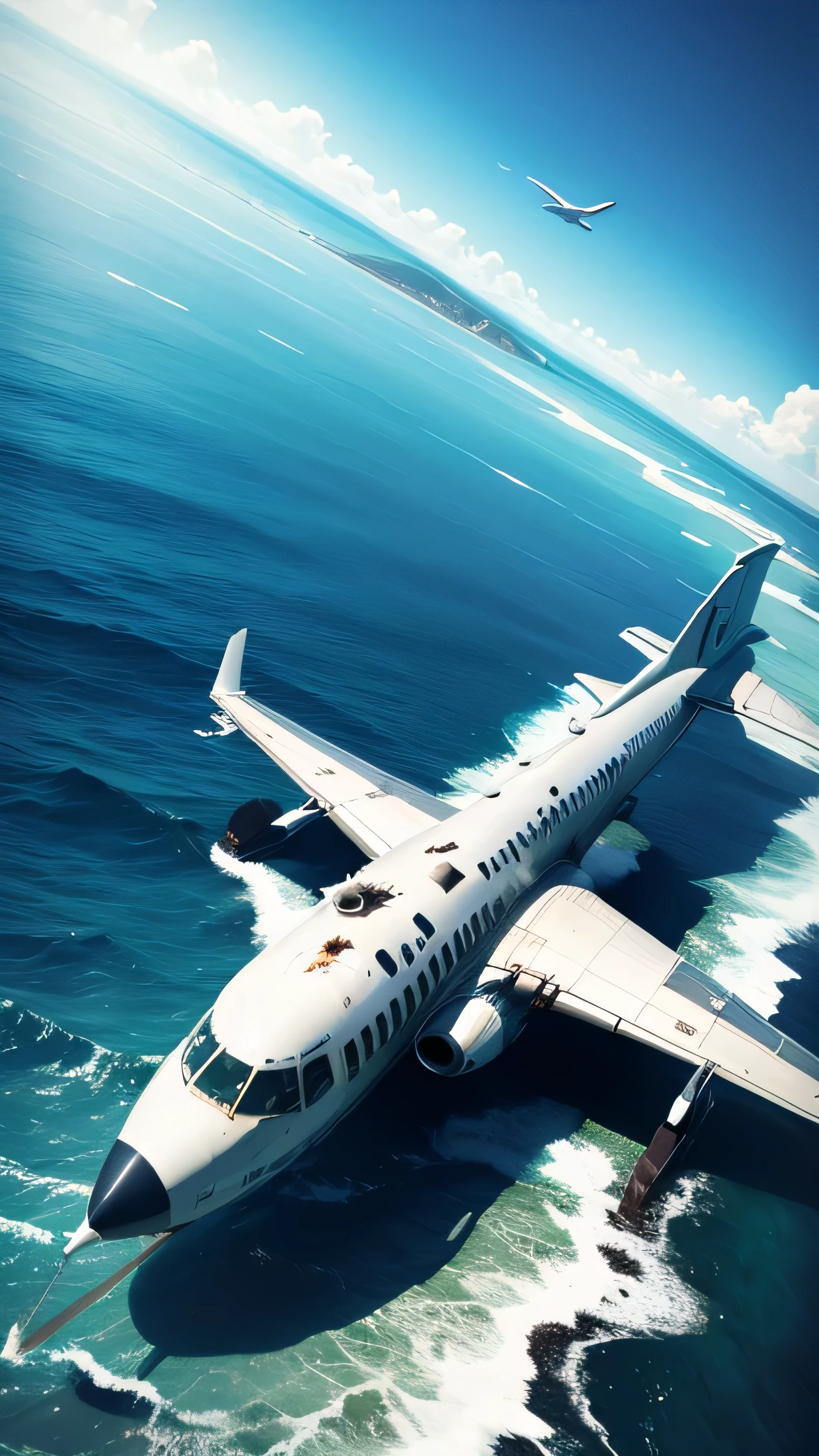 the plane crashed into the sea, broken, destroyed, underwater, 8k, high quality 