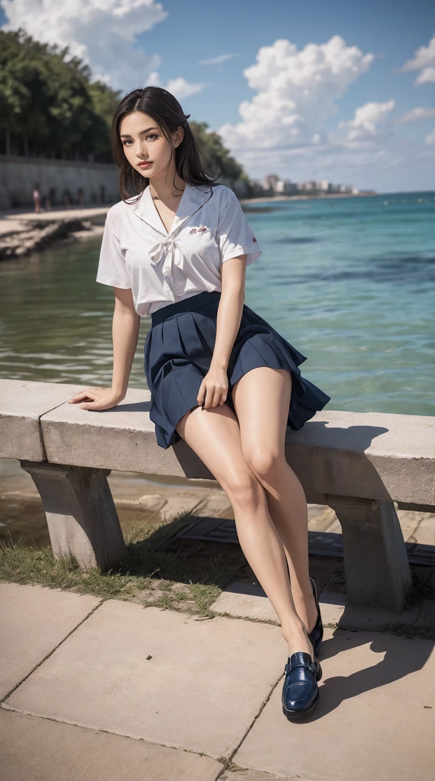 (((Ultra-high resolution、Every detail countasterpiece:1.4)))、The seaside dyed in the sunset、Playing in the water alone、Cute Japanese 、Straight black hair up to the shoulders、Bangs cut above the eyes、Wearing traditional Japanese uniform、Sailor top with white collar and navy blue lines、Wearing a navy blue pleated skirt、A red scarf on the chest of the top、楽しそうにsmileを浮かべ、Playing alone on the beach、The sleeves of the uniform were rolled up to the elbows.、The hem of my skirt is also a little wet.、barefoot、Her little white feet bounce a little every time they touch the sand and water.、There's sand on my toes、They enjoy the feeling of sand every time the water subsides.、Scooping up seawater with your hands and throwing it back into the waves、The expansive blue sea and sandy beach、Beautiful sky dyed in sunset、A small island in the distance々、There are small shells and driftwood on the shore.、School bag on the sand、Shoes and socks neatly arranged、Relaxing after school、Fun memories at the end of summer、Female in her late teens、Portraiture、Blurred cityscape at dusk、Silhouette of buildings and street lights Long dark brown hair、natural wavy curls、The wind is blowing softly、Hair falls down the side of the face、Skin is smooth、Healthy olive color、The tan lines are faintly visible、Natural redness on the cheeks、I have a few small laugh lines on my forehead.、Eyes with dark brown irises、The pupil is shining, Reflect light、Long curled eyelashes、Accentuate the eyes、Eyebrows are thin and trimmed、Natural Arch、Small Nose、straight、straight nose、lips are plump、soft pink lip gloss、Ultra-thin camisole、Barefoot and bare legs、A simple silver bracelet on her right wrist、A small diamond earring sparkles in her left ear...、The expression is calm、Be confident、smile、(((Emphasize the contrast between light and shadow)))、Realistic textures and facial details