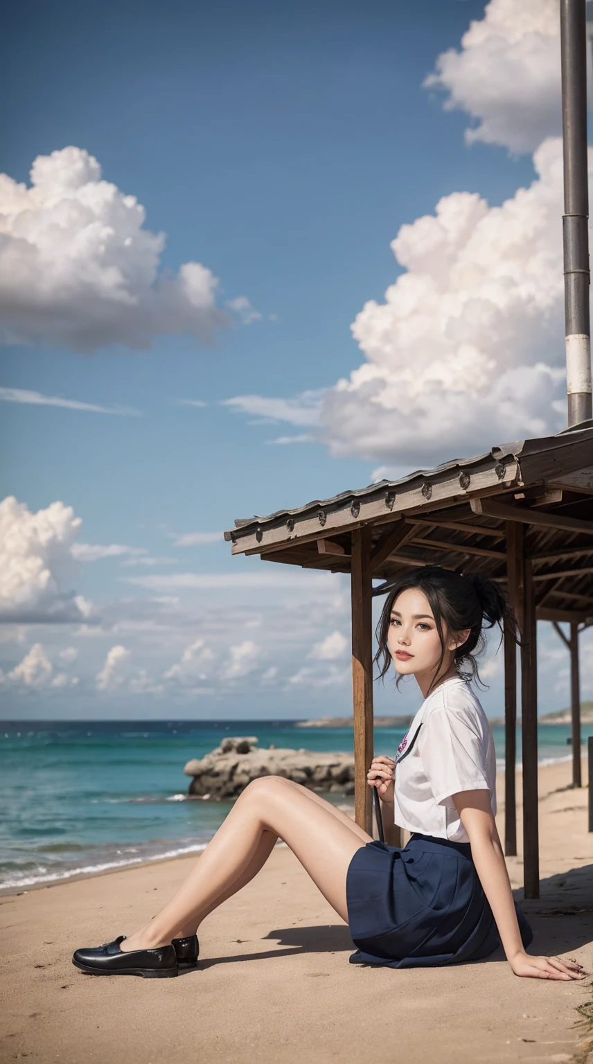 ((最high quality, 8K, masterpiece: 1.3, Ultra HD, high quality, 最high quality, High resolution, realism)) 、An extremely beautiful 18-year-old Japanese woman、Hair color is light brown、black eye、medium hair、straight hair、smile、Slender but well-proportioned muscular body、Athlete-like body type、I don't want my head to disappear from the screen.、sit on a high breakwater on the beach、The blue sky is beautiful、There is an entrance cloud、It's summer、I'm wearing a sailor suit、Wear a navy blue pleated skirt、wear loafers、There is a road in front of the breakwater、There is a sign indicating the bus stop.、The sea is beautiful、The horizon looks beautiful、An island can be seen off the coast