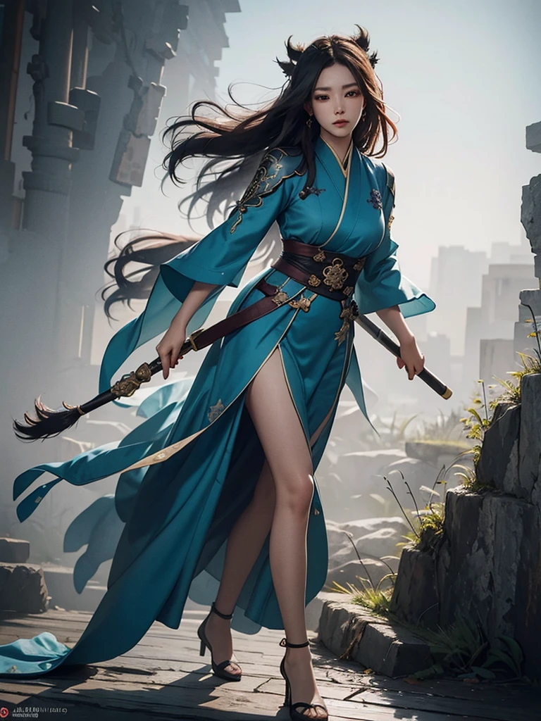 Image of a woman in a blue and white robe, heise jinyao, full body xianxia, Full body martial arts, flowing hair and gown, Photo of a female clergyman, Wearing flowing robes, Inspired by Cao Zhibai, zhao yun, Cotton Cloud Mage Robe, inspired by Wu Daozi,hanfu,Blue magic in the palm of your hand,heise jinyao, full body xianxia, Photo of a female clergyman, flowing hair and gown, zhao yun, Slender Man Fantasy Alchemist, Full body martial arts, Inspired by Cao Zhibai, Wearing flowing robes, Cotton Cloud Mage Robe, sexy female mage,best shadow, sharp focus, masterpiece, (Very detailed CG unified 8k wallpaper),actual,(hanfu),(((Character face))),