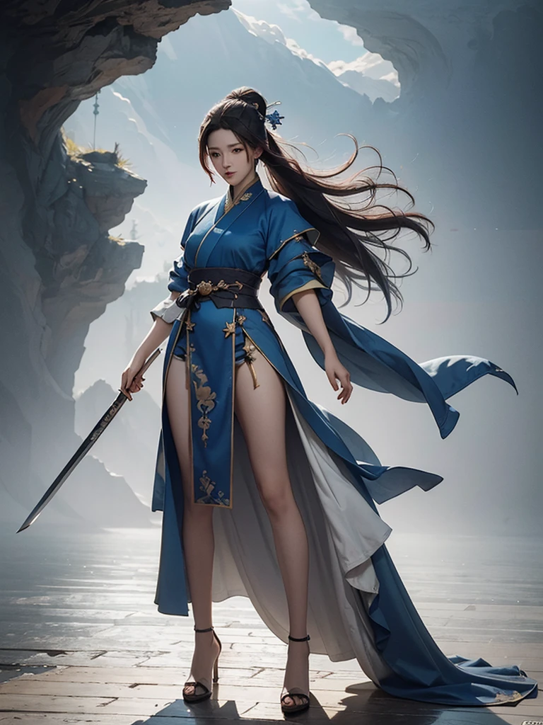 Image of a woman in a blue and white robe, heise jinyao, full body xianxia, Full body martial arts, flowing hair and gown, Photo of a female clergyman, Wearing flowing robes, Inspired by Cao Zhibai, zhao yun, Cotton Cloud Mage Robe, inspired by Wu Daozi,hanfu,Blue magic in the palm of your hand,heise jinyao, full body xianxia, Photo of a female clergyman, flowing hair and gown, zhao yun, Slender Man Fantasy Alchemist, Full body martial arts, Inspired by Cao Zhibai, Wearing flowing robes, Cotton Cloud Mage Robe, sexy female mage,best shadow, sharp focus, masterpiece, (Very detailed CG unified 8k wallpaper),actual,(hanfu),(((Character face))),