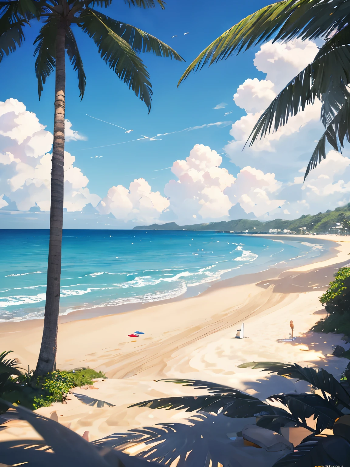 There are umbrellas on the beach，the ocean，coconut palms，suns，8K，ultraclear，high qulity  ,beach landscape ,background (There is no person.)