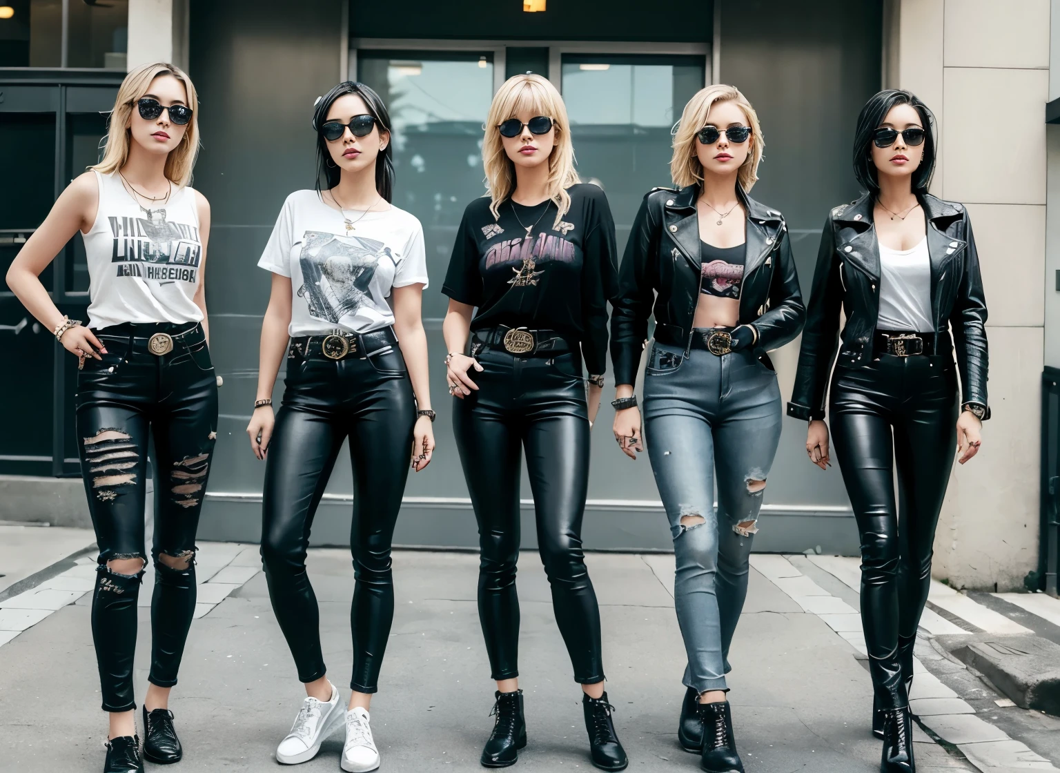 bad girl、Bossy attitude、hat、blonde hair、Jacket、sunglasses、accessories、denim pants、tattoo、long legs、boots