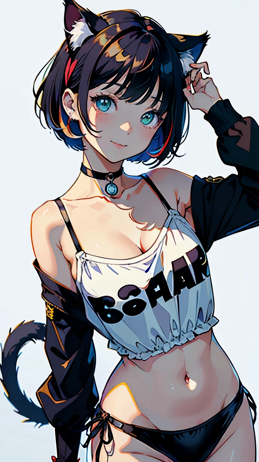 (highest quality, masterpiece, High resolution)、(anime art)、,cinematic light、soft light、girl、black hair、(Three-color cat costume)、(Loose shirt)、Cat ear、bob cut、hair ornaments、choker、enchanting smile、small breasts、(cat pose)、Cat jarashi、((white background))、