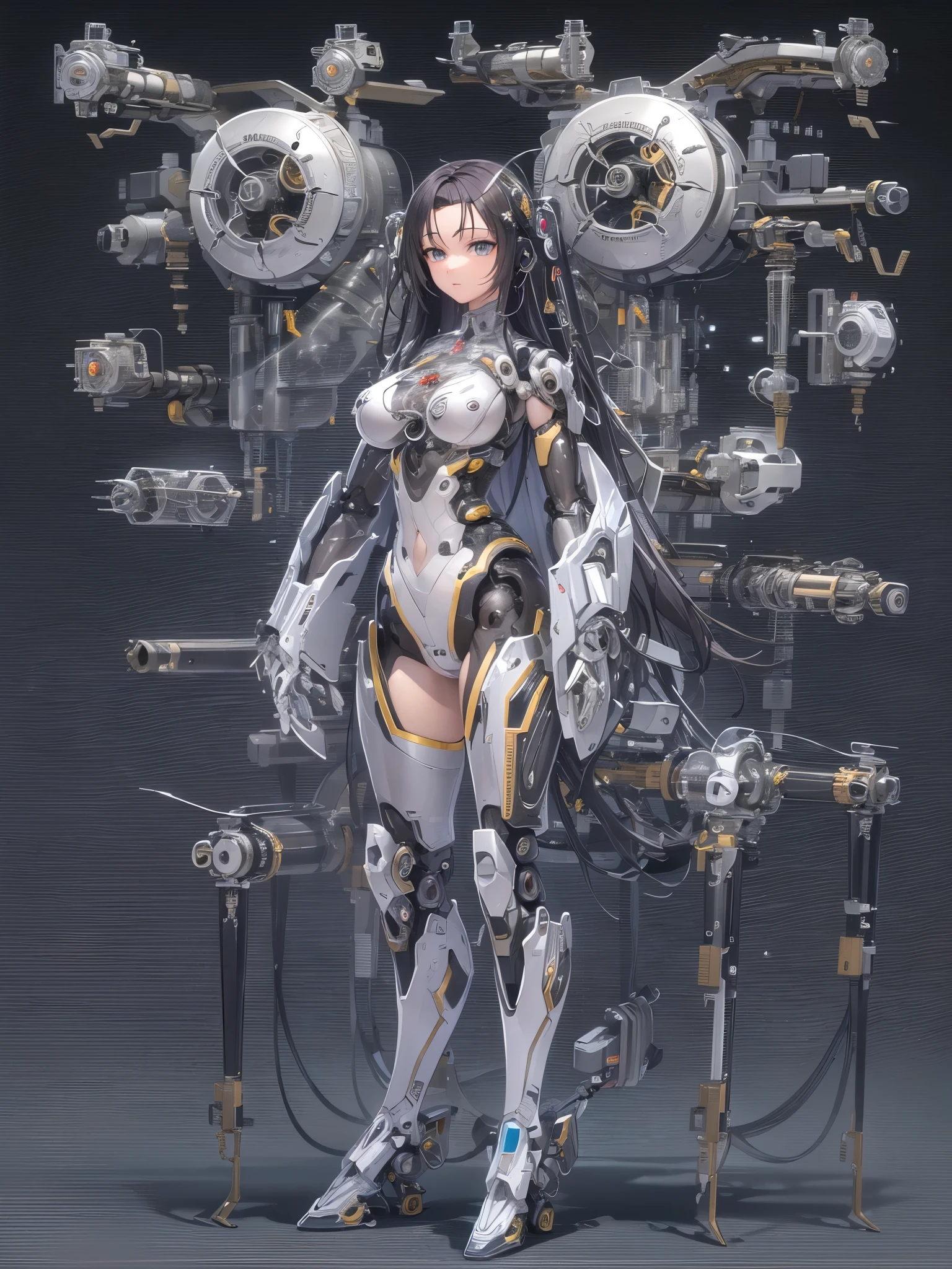 ((highest quality)),(ultra high resolution),(Super detailed),(detailed description),((best CG)),(best work of art),super precision art,amazing drawing art,(Sci-fi art with precise details:1.5), (female cyborg:1.6),(A meticulously detailed, fully mechanical body:1.5),cylinder,Actuator,((transparent parts:1.8)),Precision circuit,action,ダイナミックaction,dynamic pose, The power of science, explosion,hot air,