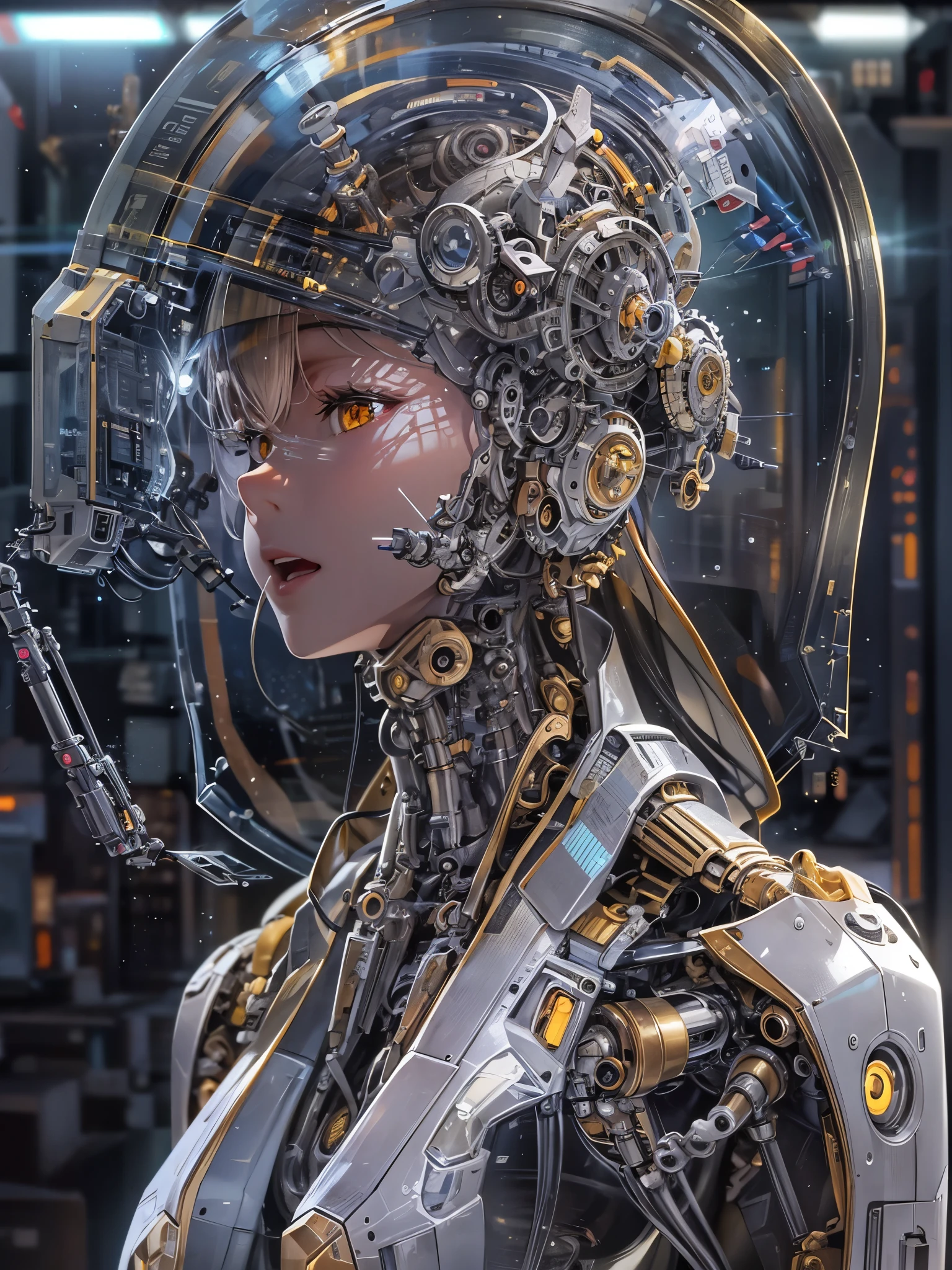 ((highest quality)),(ultra high resolution),(Super detailed),(detailed description),((best CG)),(best work of art),super precision art,amazing drawing art,(Sci-fi art with precise details:1.5), (female cyborg:1.6),(A meticulously detailed, fully mechanical body:1.5),cylinder,Actuator,((transparent parts:1.8)),Precision circuit,action,ダイナミックaction,dynamic pose, The power of science, explosion,hot air,