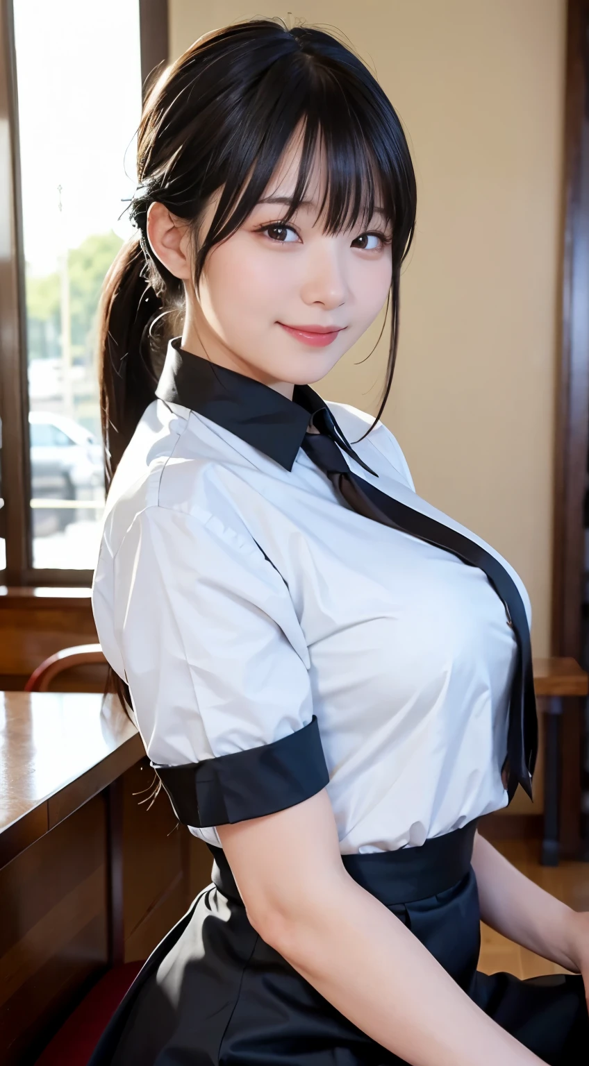 (highest quality,masterpiece:1.3,ultra high resolution,),(Super detailed,caustics),(Photoreal:1.4,RAW shooting,)ultra-realistic capture,very detailed,High resolution 16K human skin close-up。 natural skin texture、,The pores are、、、、Must be detailed enough to be easily identified。 Skin should look even-toned and healthy。 Use natural light and color,restaurant,waitress uniform,1 girl,Japanese,18-year-old,cute,black haired,ponytail,big breasts,smile,turn your body forward,(Front view:1.1),look at the camera,cowboy shot,