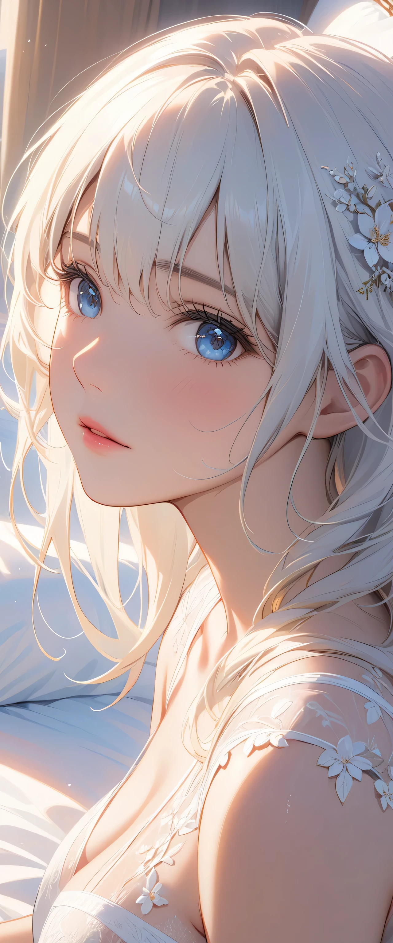 masterpiece, top quality, Super details, 8K, Detail lights, Detailed shadows, raw, (delicate skin), (real: 1.2),, 1 girl, white hair, White sexy transparent dress，Eye close-up，bed