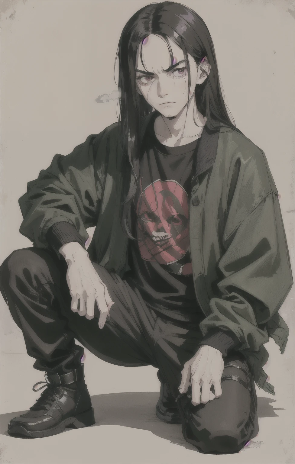 1guy, dark black hair, over the ears length hair, tired, exhausted eyes, purple eyebags, furrow eyebrow, european, hooked nose, horror and moody lighting, sage green jacket, black shirt with slipknot in red, half body, crouched posture, smoking, skinny teenage guy, 1