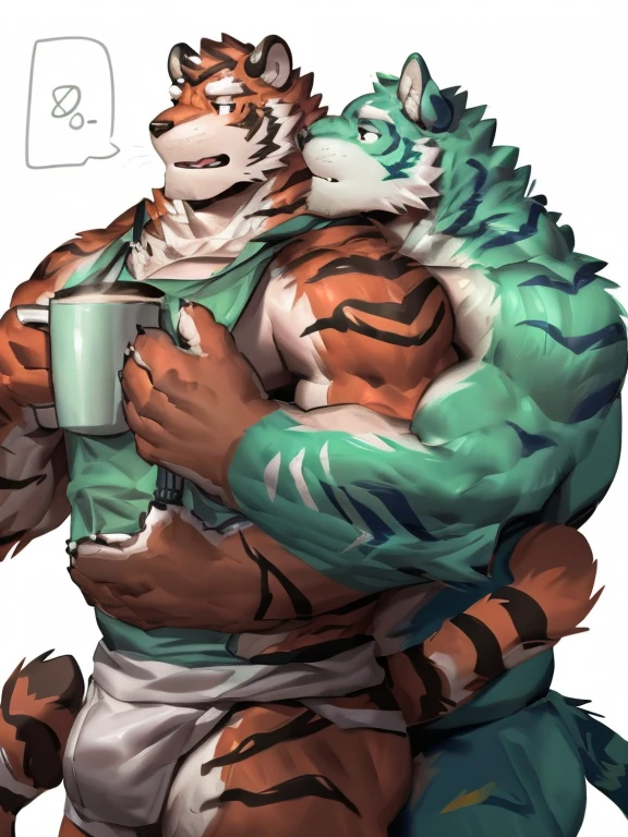 two muscular tiger , furry chest, muscular green tiger hug muscular tiger back, muscular green tiger stand behind, hug from behind, white background, perfect hand, perfect antomy, thick furry neck and chest fluff, handhold cup of coffee, kiss, hand into jock, side view, jock, having sex, by lindong, by nullghost