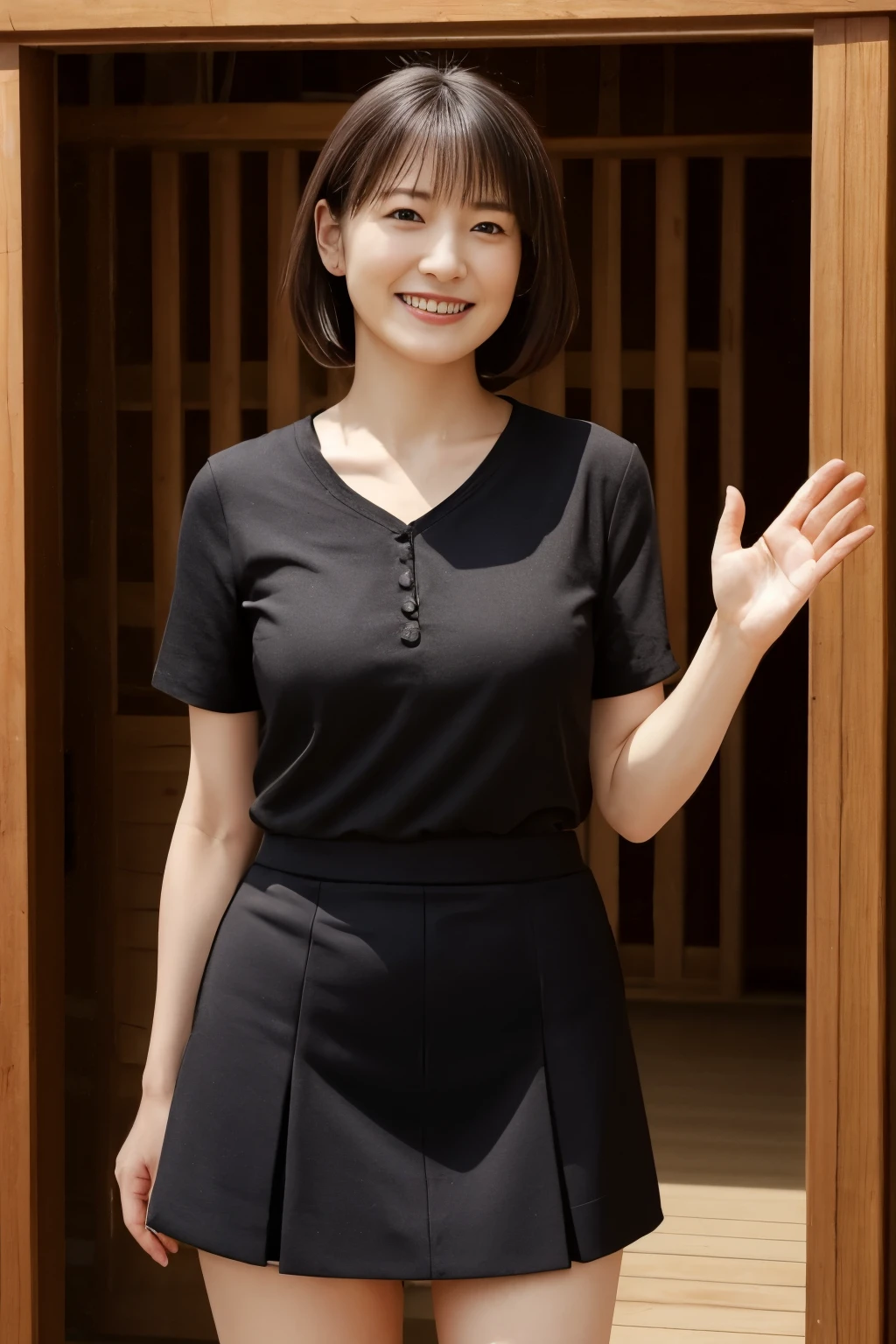 portrait、8K、high quality、realistic photo images、39 years old、japanese woman、decent wife、young proprietress of an inn、Reproduces natural and realistic eyes、japanese stand、、美しいblack hair、short hair、light makeup、octane rendering、beautiful lighting、composition of golden ratio、laughter、Clothes with short sleeves、Short sleeve work clothes.、Short-sleeved Samue、short skirt、mini skirtの服装、mini skirt、とてもshort skirt、I can see your panties、short skirtからパンティが見えている、short skirtの半袖、short skirt、Standing at the entrance to a hot spring inn、Ryokan Sandals、Welcome customers、waving、welcome、Hot spring inn entrance background、4k、High level image quality、realistic photo images、japanese woman、39 years old、Pure Japanese humanity、beautiful wife、Upper body、Close-up image、larger bust、beautiful bust、light makeup、、neat beauty、mature woman、refreshing smile、open your mouth、black hair、black eye、