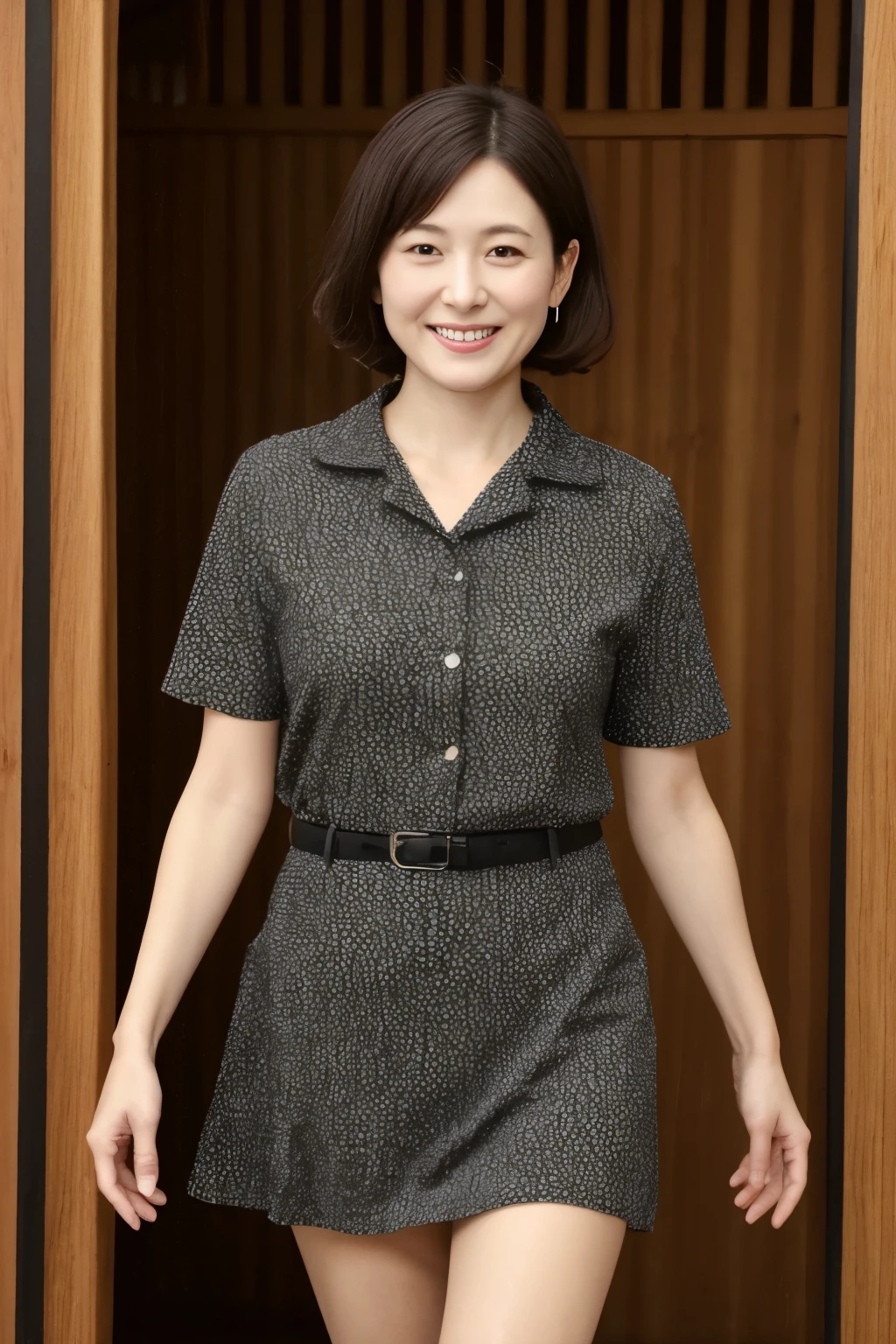 portrait、8K、high quality、realistic photo images、39 years old、japanese woman、decent wife、young proprietress of an inn、Reproduces natural and realistic eyes、japanese stand、、美しいblack hair、short hair、light makeup、octane rendering、beautiful lighting、composition of golden ratio、laughter、Clothes with short sleeves、Short sleeve work clothes.、Short-sleeved Samue、short skirt、mini skirtの服装、mini skirt、とてもshort skirt、I can see your panties、short skirtからパンティが見えている、short skirtの半袖、short skirt、Standing at the entrance to a hot spring inn、Ryokan Sandals、Welcome customers、waving、welcome、Hot spring inn entrance background、4k、High level image quality、realistic photo images、japanese woman、39 years old、Pure Japanese humanity、beautiful wife、Upper body、Close-up image、larger bust、beautiful bust、light makeup、、neat beauty、mature woman、refreshing smile、open your mouth、black hair、black eye、