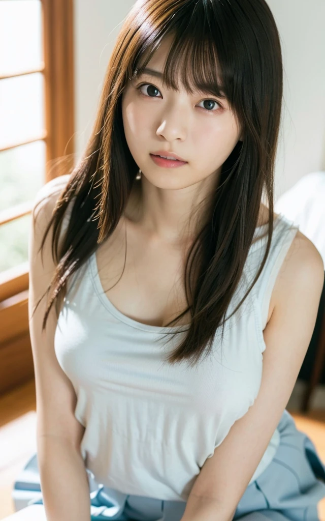 table top, highest quality, 16k, 1 girl, 16, big breasts, Raw photo, professional photography, portrait, soft light, professional lighting, alone, 笑face, close, face, close, cute, girly, goddess, delicate girl, pure beauty, Digital single-lens reflex camera, avert your eyes, Frank, Sophisticated, film grain, (目とfaceの詳細:1.0), long hair swaying in the wind, bangs, (White tight tank top that clings to the breasts)、(Pale blue pleated skirt)、(big breasts:1.5)、cute hanging eyes、late night office、I'm sitting in a chair in front of my computer