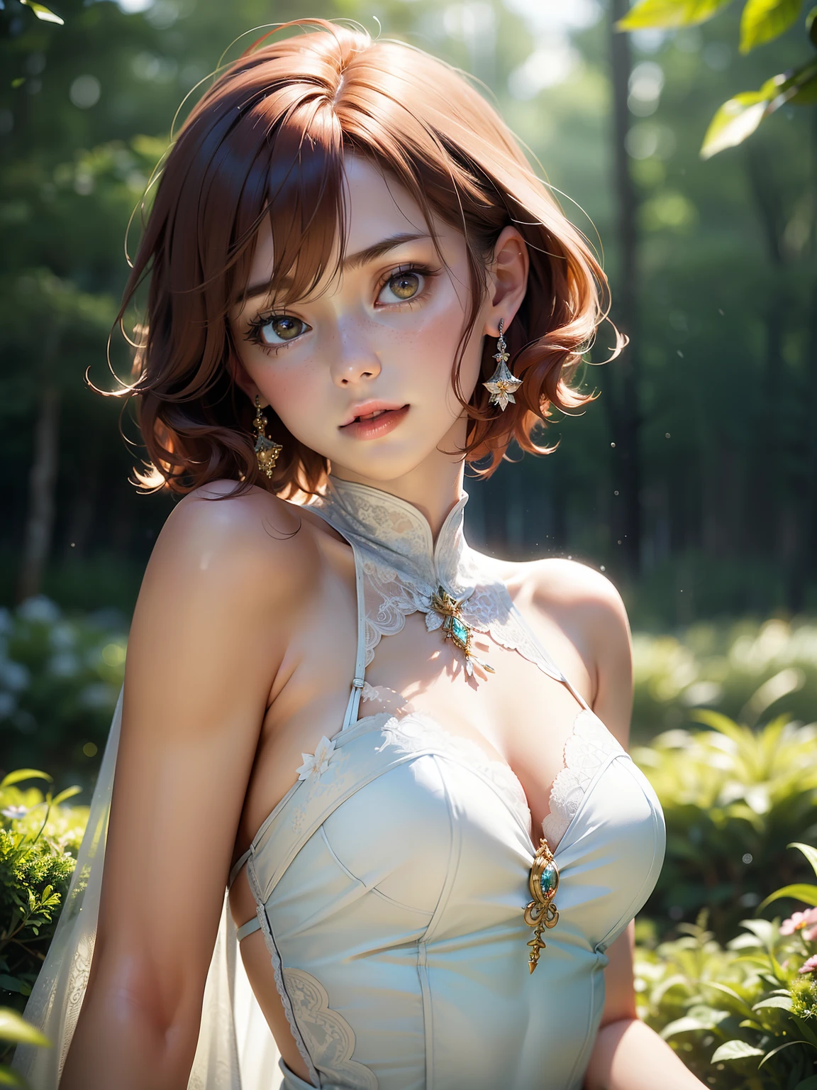 Cute woman under drizzle, (elegant, pretty face), Transparent white dress, forest moss, (freckle:0.8), flower field, , red curly hair, magical atmosphere, (short hair), ((Delicate skin, Texture)), Super detailed, (Intricate details, fine details, Super detailed), Ray tracing, subsurface scattering, (fantasy underworld in the background), Diffuse soft light, Shallow depth of field, go through (Oliver Waite), sharp focus bokeh, (Realistic photo quality:1.4)