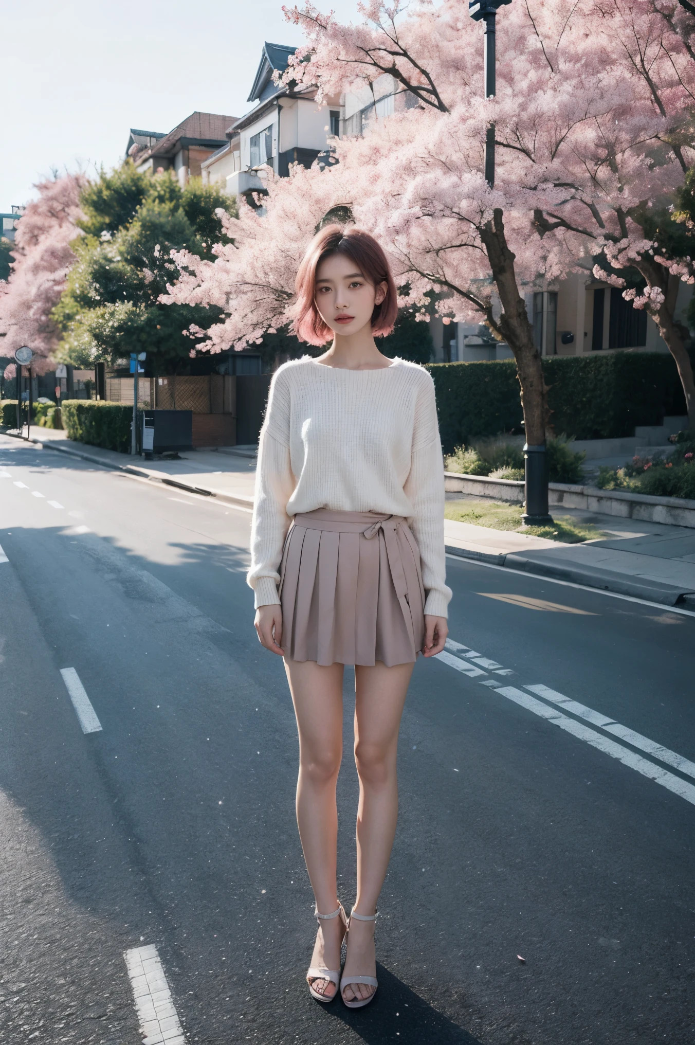 A woman standing on the side of a road next to a tree - SeaArt AI
