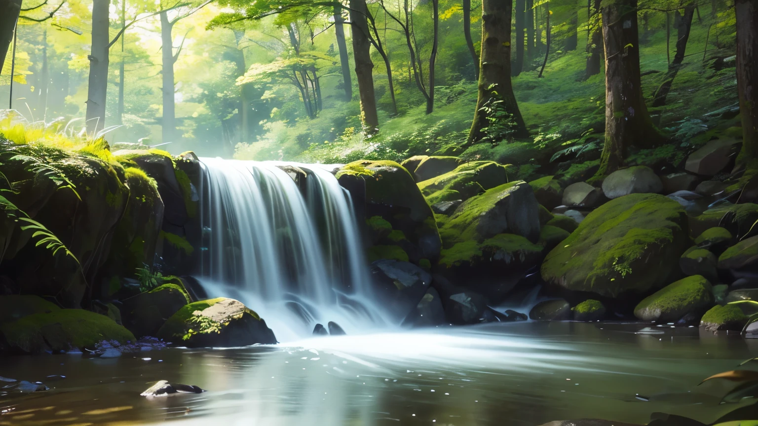 I took a photo of a peaceful moment spent in nature..。wood々Imagine a peaceful landscape bathed in soft morning light.。.。a gentle meandering stream、Surrounded by lush greenery。The overall atmosphere is calm and connected to the natural world.、Highlights the beauty and serenity of outdoor moments。