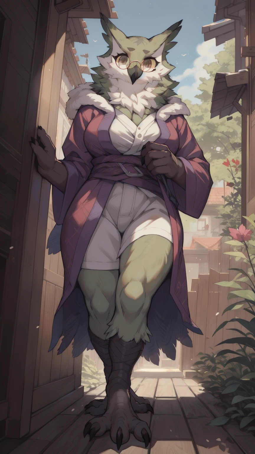 solo, 1girl, female, furry female, bird, avian, owl, big tits, robe, glasses, green feathers, random pose, ramona_uo, detailed background, (cute anatomy:1.1), highly detailed, hyper realistic, soft lighting, (masterpiece:1.2),(best quality:1.2), (extreme detailed illustration),(by zackary911:1.3),(by taran fiddler:1.1), (by jay naylor, spectrumshift,iskra:1.2, syuro:1.0),(by hioshiru),(by Meesh),(by riska), ((taking off clothes))