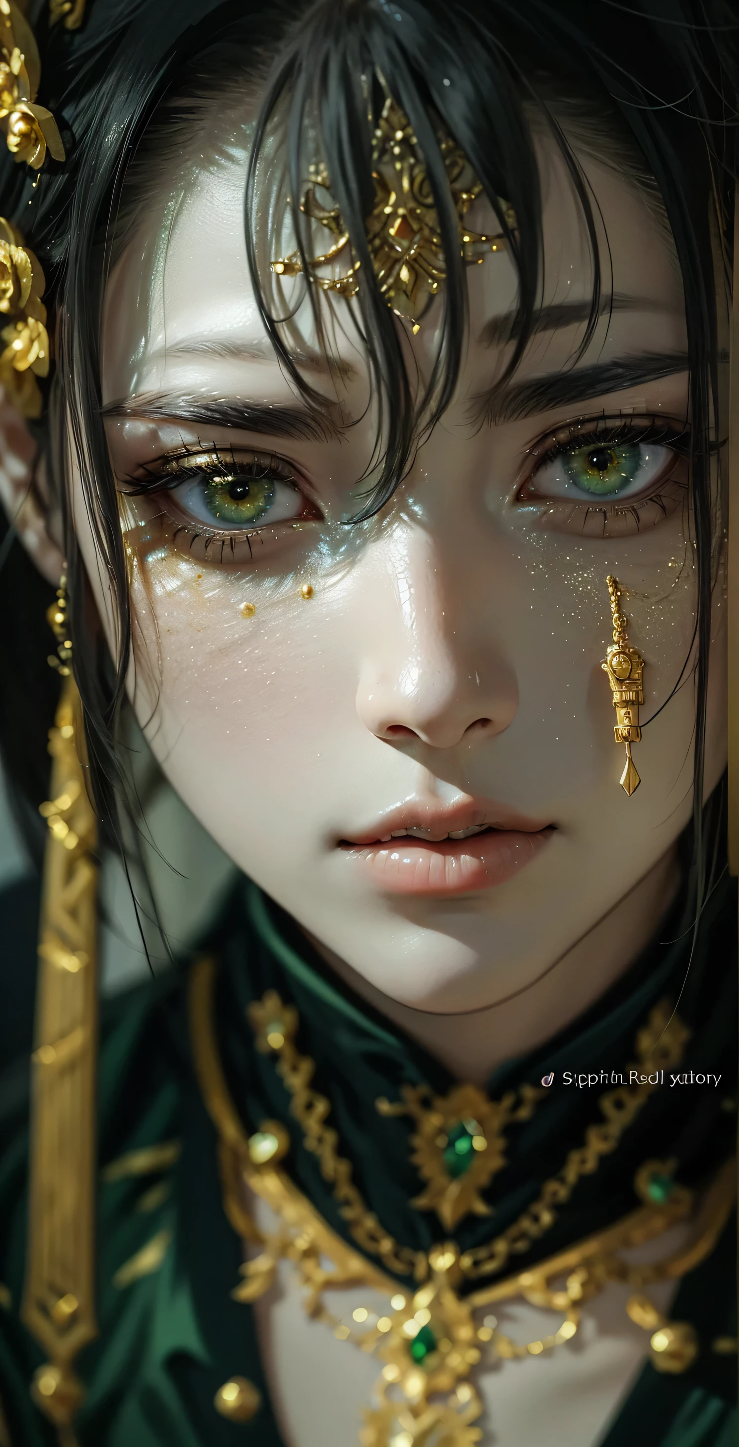 Close-up of a woman with gold and green make-up, Golden watery eyes, with gold eyes, Inspired by Jin Nong, gold eyes, complicated fuss, detailed face ), Golden eyes, Oriental Face, 黄gold eyes, super detailed portrait, highly detailed eyes, super detailed face and eyes, ultra detailed face and eyes, golden eyes