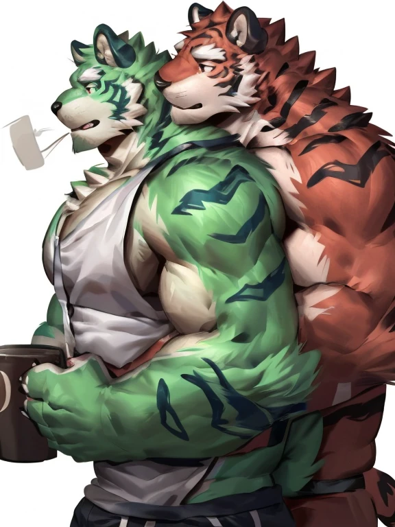 two muscular tiger , furry chest, muscular green tiger hug muscular tiger back, muscular green tiger stand behind, hug from behind, white background, perfect hand, perfect antomy, thick furry neck and chest fluff, handhold cup of coffee, kiss, hand into jock, side view, jock, having sex, by lindong, by nullghost