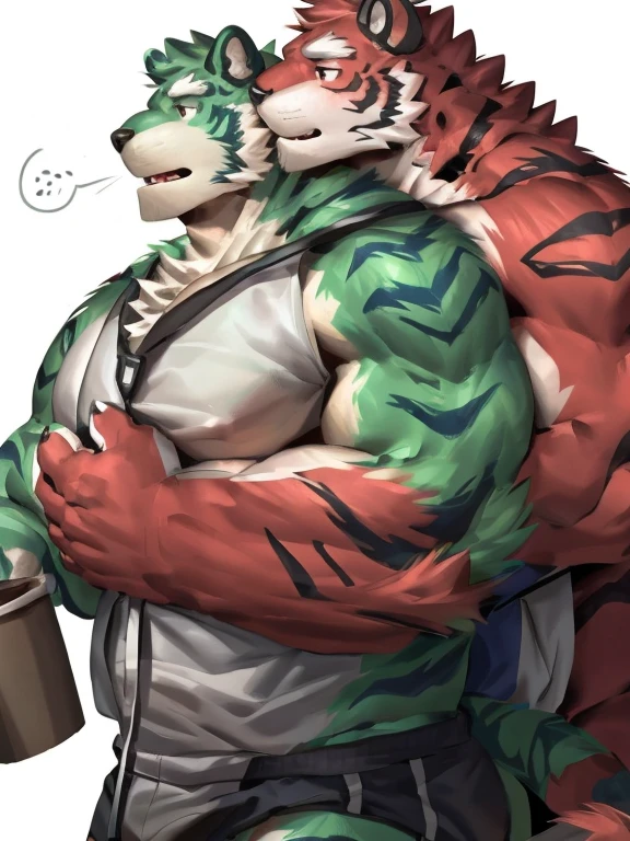 two muscular tiger , furry chest, muscular green tiger hug muscular tiger back, muscular green tiger stand behind, hug from behind, white background, perfect hand, perfect antomy, thick furry neck and chest fluff, handhold cup of coffee, kiss, hand into jock, side view, jock, having sex, by lindong, by nullghost