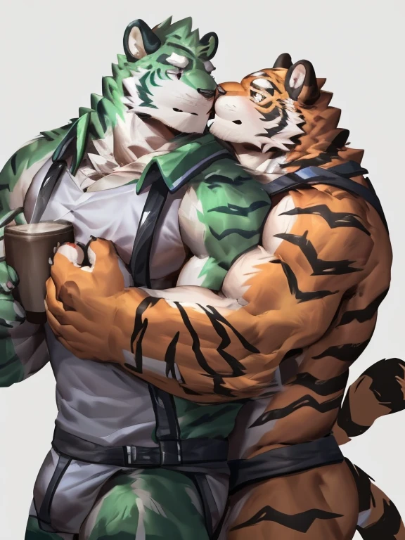 two muscular tiger , furry chest, muscular green tiger hug muscular tiger back, muscular green tiger stand behind, hug from behind, white background, perfect hand, perfect antomy, thick furry neck and chest fluff, handhold cup of coffee, kiss, hand into jock, side view, jock, having sex, by lindong, by nullghost