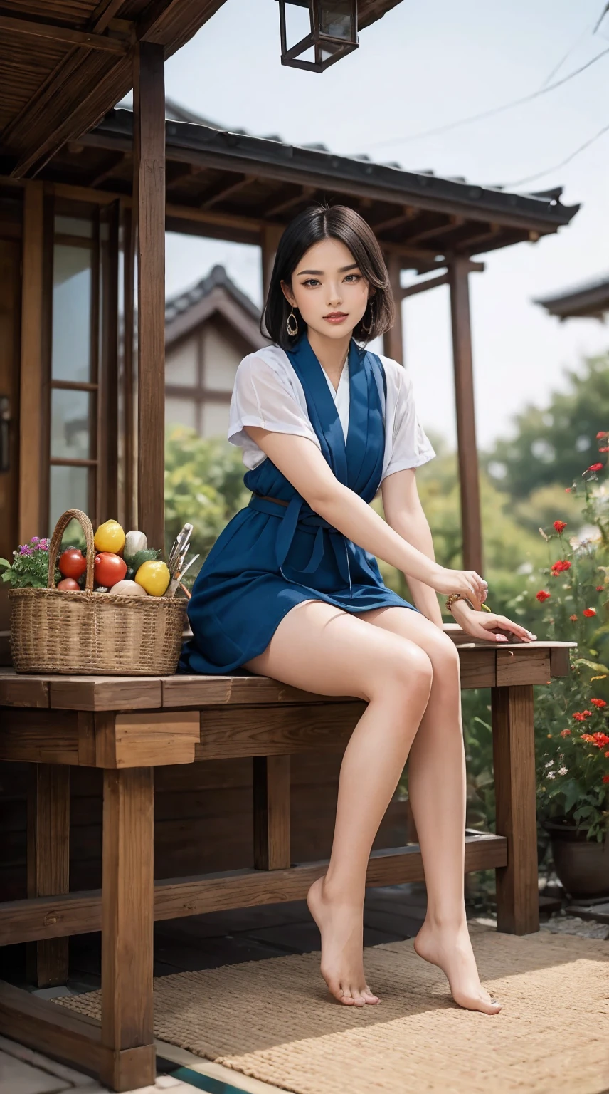 1girl, Chun li a little chubby, cute smiling, huge eyes, (a bit curvy, small breasts, round ass, (short sized torso), medium mouth, very thick lips, almond-shaped eyes, chestnut hair, Gorgeous body, Beautiful large head and very symmetrical face, sitting on a bench, she's holding a bowl, eating noodles, in an old Chinese street, there's an old bicycle against the wall. Very detailed and intricate environment, Very detailed clothing, street fighter, brown eyes, blue dress, ((pelvic curtain), (brown pantyhose), china dress), white cross-laced boots, bracelet, gold trim, jewelry, puffy sleeves, sash, short sleeves, side slit, spiked bracelet, spikes, double bun, hair accessories, Anime realism, cleavage, large nose, tan skin