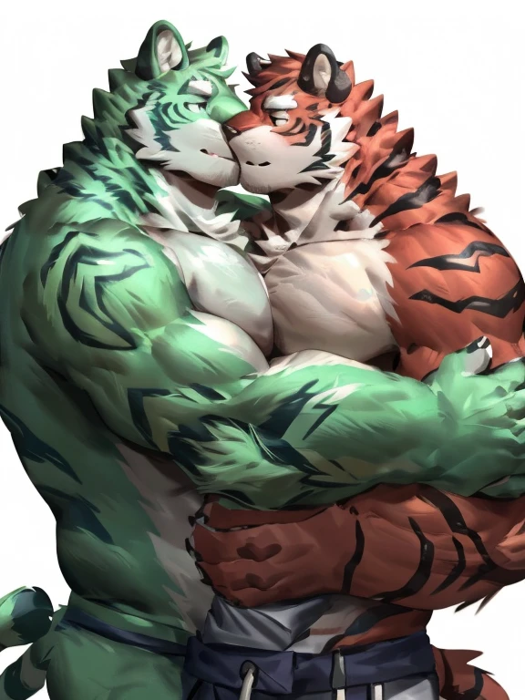 two muscular tiger , furry chest, muscular green tiger hug muscular tiger back, muscular green tiger stand behind, hug from behind, white background, perfect hand, perfect antomy, thick furry neck and chest fluff, handhold cup of coffee, kiss, hand into jock, side view, jock, having sex, by lindong, by nullghost