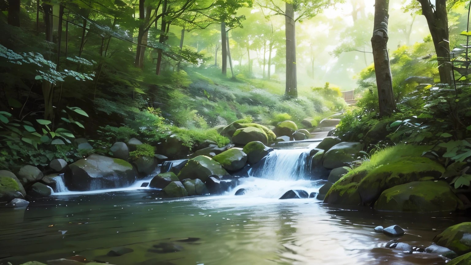 I took a photo of a peaceful moment spent in nature..。wood々Imagine a peaceful landscape bathed in soft morning light.。.。a gentle meandering stream、Surrounded by lush greenery。The overall atmosphere is calm and connected to the natural world.、Highlights the beauty and serenity of outdoor moments。