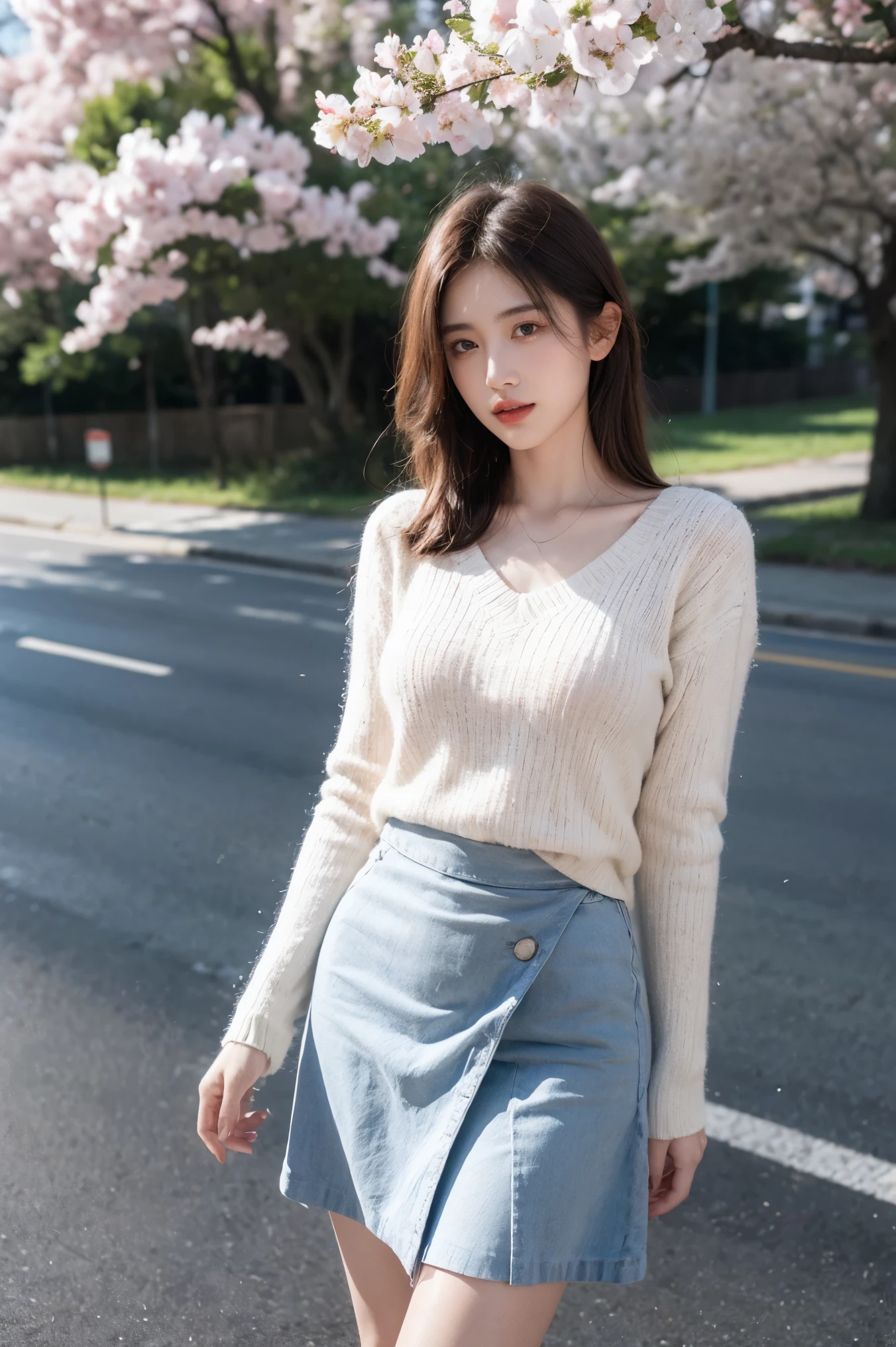 masterpiece, best quality, Super detailed, illustration, wide angle, 1 girl standing in the middle of the road, alone, Middle road and pink cherry blossom trees on the roadside, whole body, 1920s, pink hair, sweater, short skirt, Fashion,, work, balance, , rhythm, color, Light, shadow, reflection, refraction, Tone, Compared, prospect, middle ground, background, naturalistic, metaphorical, Representative,Highly detailed facial and skin textures, delicate eyes,surreal,Super real photos,Very detailed CG unified 8k wallpaper,(masterpiece),(best quality),(Super detailed),(Super real photos),(Best character details:1.36),脸上有Light, 电影灯Light,illustration, Very detailed,Level verbose, High resolution, Very detailed, best quality, masterpiece