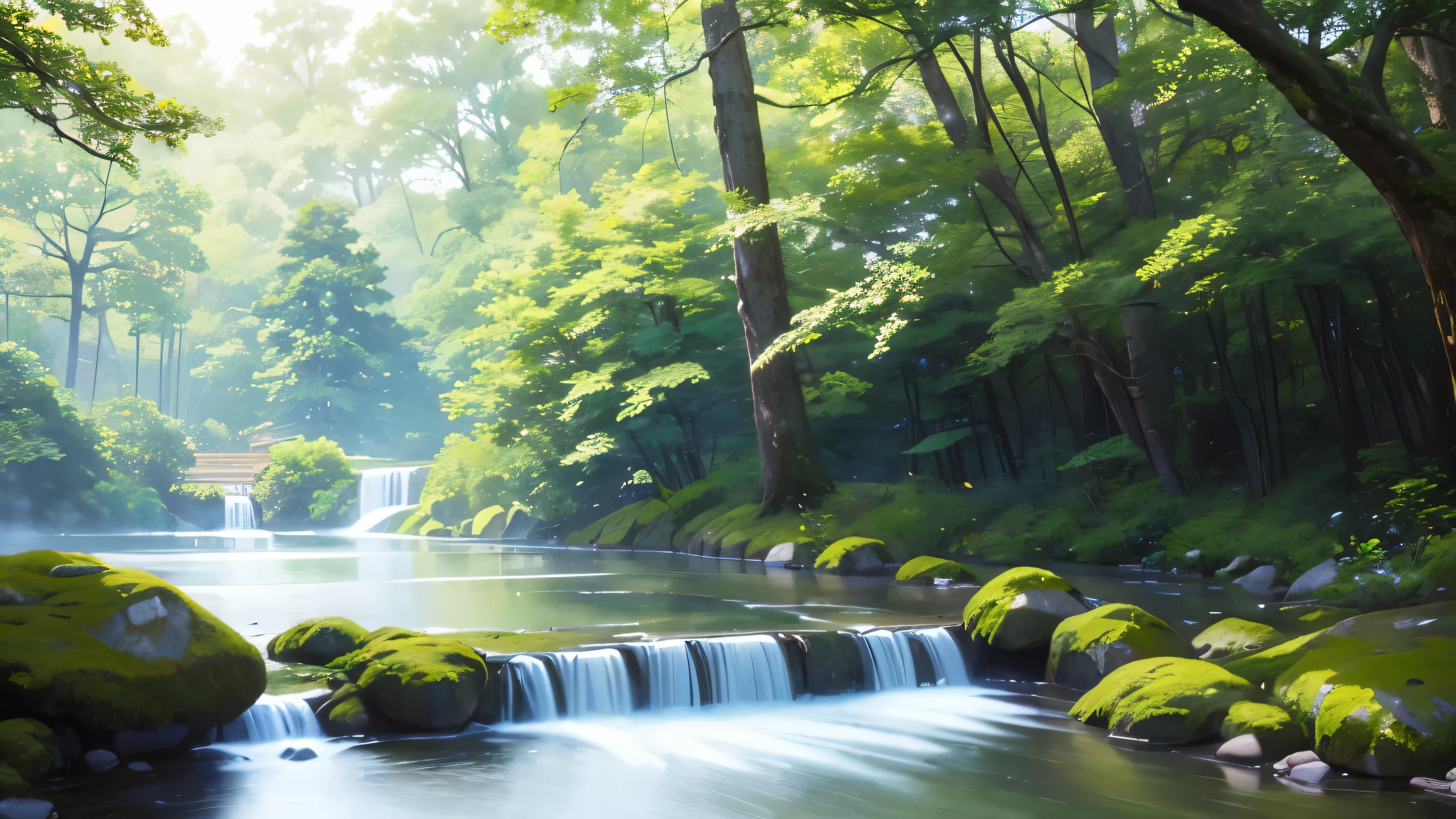 I took a photo of a peaceful moment spent in nature..。wood々Imagine a peaceful landscape bathed in soft morning light.。.。a gentle meandering stream、Surrounded by lush greenery。The overall atmosphere is calm and connected to the natural world.、Highlights the beauty and serenity of outdoor moments。