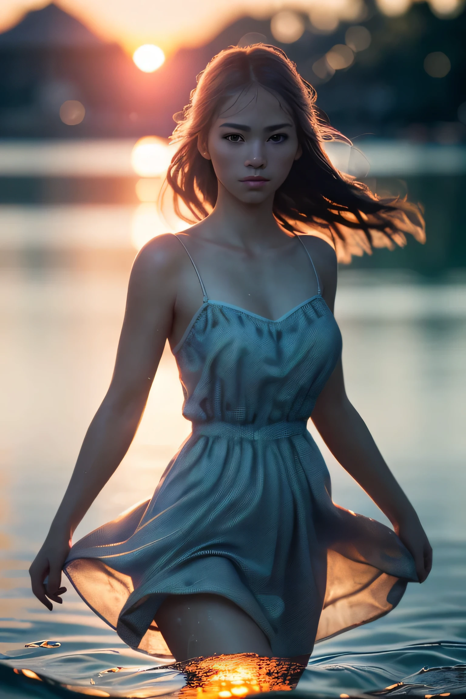 (masterpiece), (very complicated:1.3), (realistic), girl portrait, dancing in the water, the most beautiful in the world, (camisole dress), sateen reflection, outdoor, intense sunlight, distant fortress, Stunning female professional photo details, sharp focus, dramatic, Award history, cinematic lighting, Octane Rendering Unreal Engine, volumetrics dtx, (film grain, blurred background, blurred foreground, Bokeh, Depth of the bounds written, sunset, motion blur:1.3)