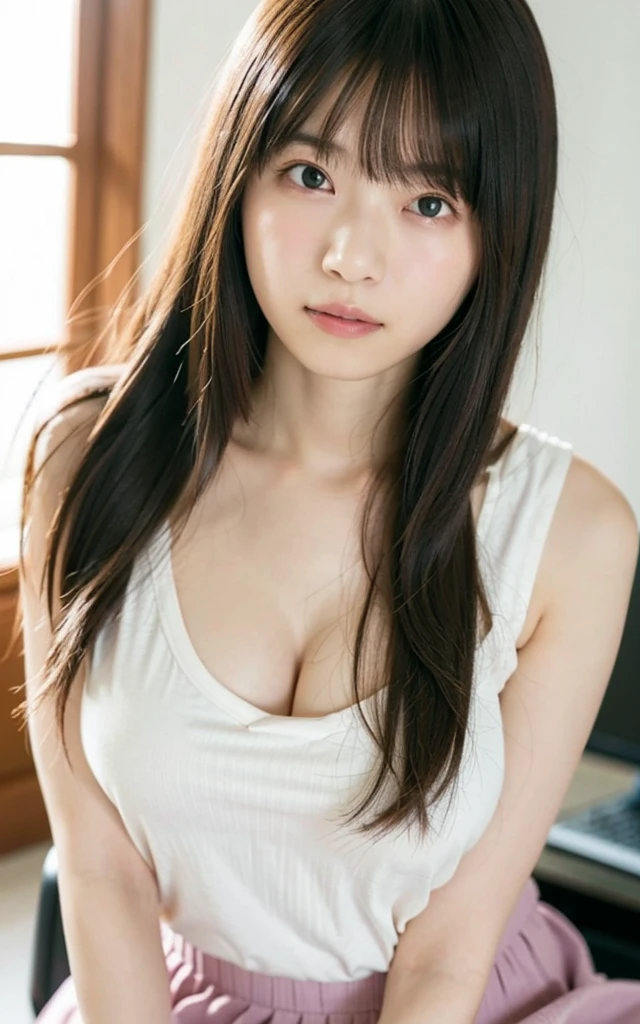 table top, highest quality, 16k, 1 girl, 16, big breasts, Raw photo, professional photography, portrait, soft light, professional lighting, alone, 笑face, close, face, close, cute, girly, goddess, delicate girl, pure beauty, Digital single-lens reflex camera, avert your eyes, Frank, Sophisticated, film grain, (目とfaceの詳細:1.0), long hair swaying in the wind, bangs, (White tight tank top that clings to the breasts)、(Pale lavender pleated skirt)、(big breasts:1.5)、cute hanging eyes、late night office、I'm sitting in a chair in front of my computer
