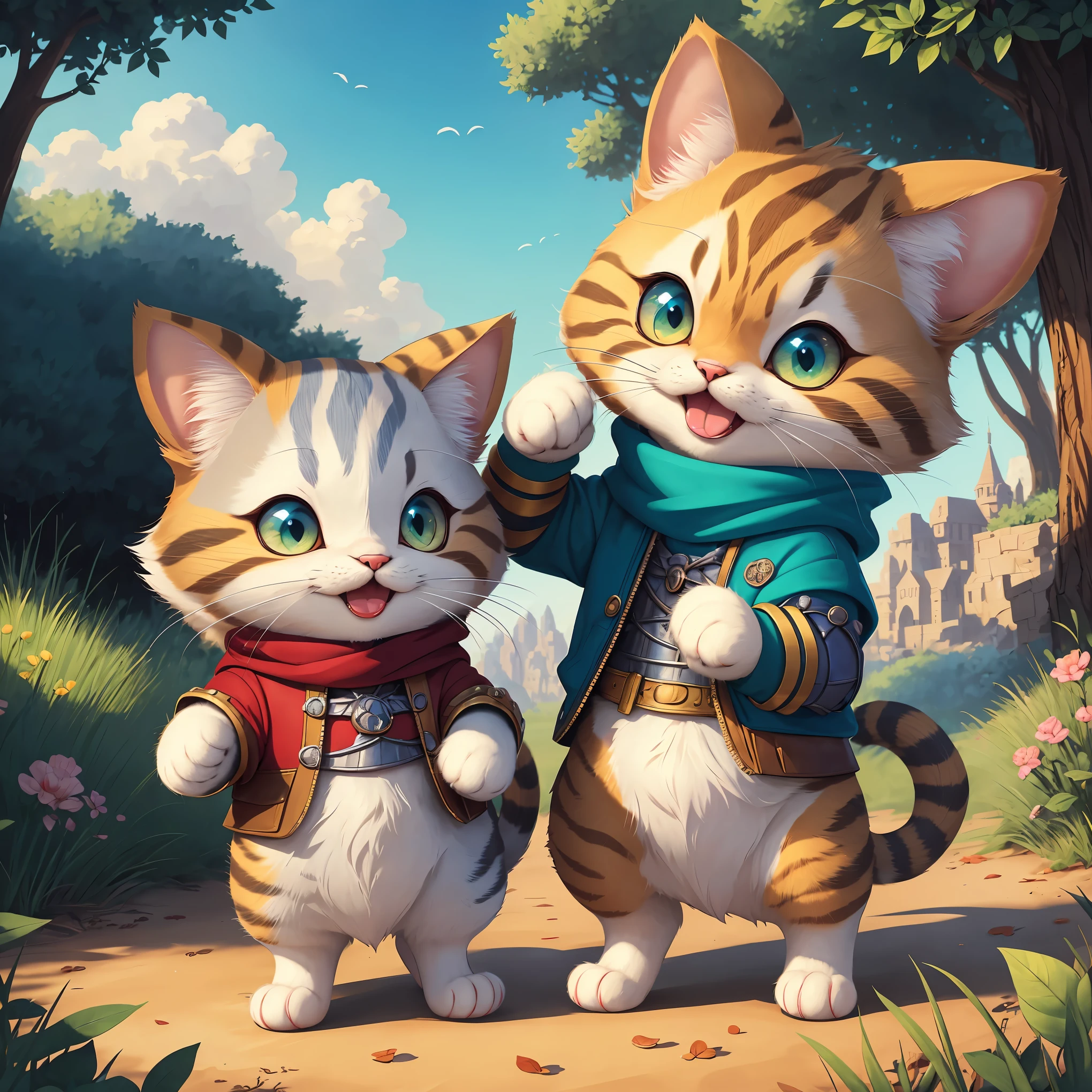 A cat knight in a magical world, inspired by the famous cat and mouse duo Tom and Jerry. The cat knight embodies the spirit of chivalry and courage as it engages in a playful and humorous battle with a mischievous mouse. The scene captures the sense of fantasy, fun, and adventure, showcasing the bond of friendship between the unlikely pair. The artwork is created in a whimsical and cute art style, with vivid colors and detailed fantasy elements. (best quality,4k,8k,highres,masterpiece:1.2),ultra-detailed,(realistic,photorealistic,photo-realistic:1.37),studio lighting,professional,comic style,cartoonish,funny expressions,vivid colors,magical atmosphere.