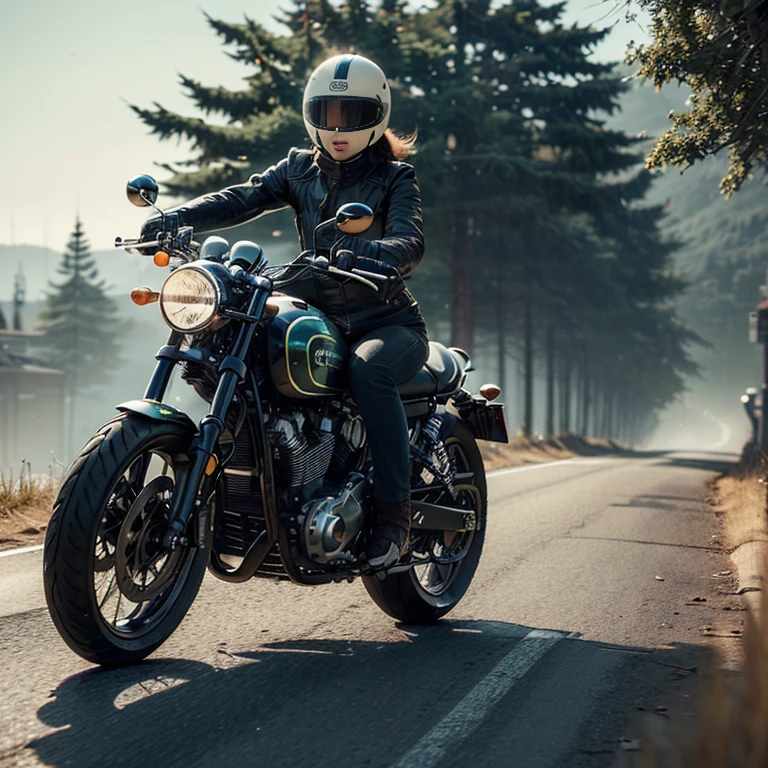 A girl riding a café racer motorcycle, wearing a black leather jacket and black boots, with a retro helmet. The motorcycle has a sleek and glossy black body with silver accents. The girl has beautiful detailed eyes and lips, with long eyelashes. The café racer is speeding through a curved road in the countryside, with trees and green fields in the background. The sunlight is casting a warm and nostalgic glow on the scene. The image should have the best quality, with ultra-detailed rendering and realistic colors. The overall style should be a mix of concept art and photography, with a vintage tone.