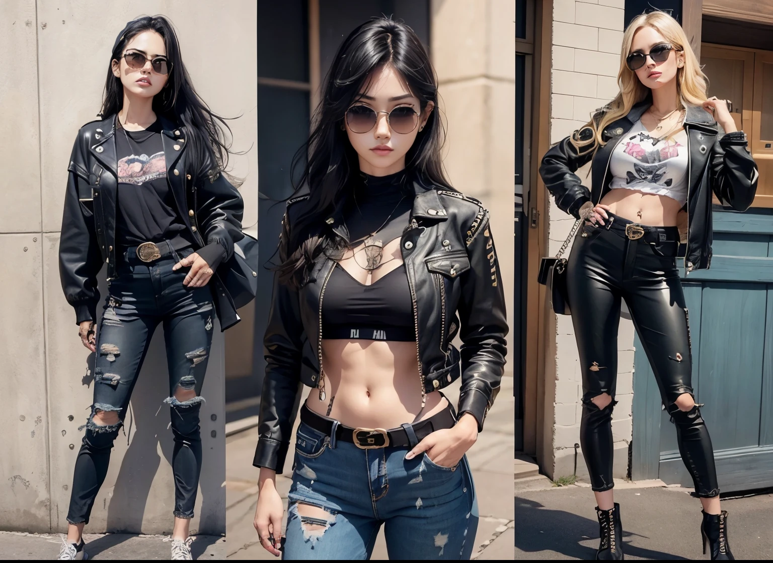 bad girl、Bossy attitude、hat、blonde hair、Jacket、sunglasses、accessories、denim pants、tattoo、long legs、boots