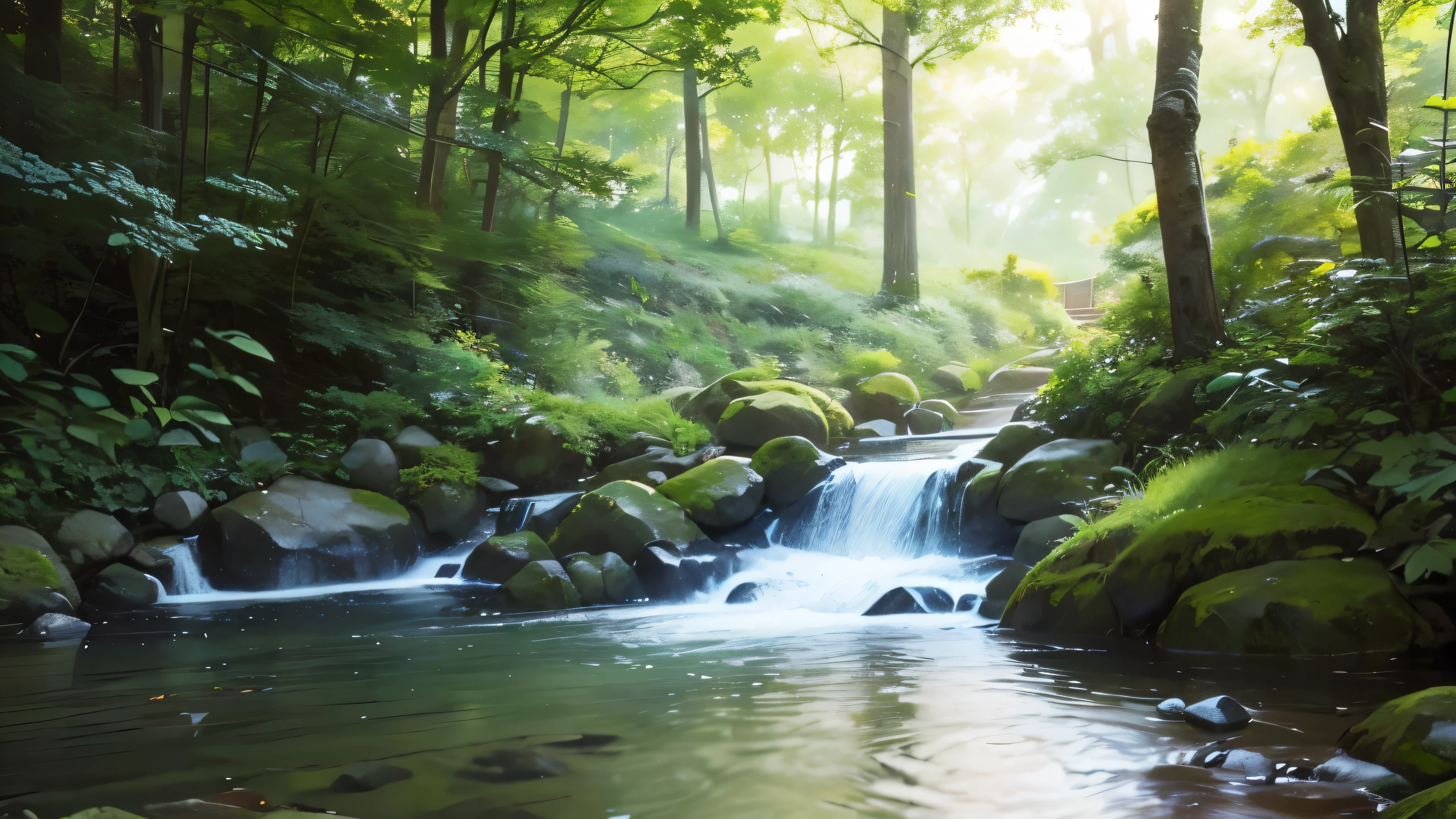 I took a photo of a peaceful moment spent in nature..。wood々Imagine a peaceful landscape bathed in soft morning light.。.。a gentle meandering stream、Surrounded by lush greenery。The overall atmosphere is calm and connected to the natural world.、Highlights the beauty and serenity of outdoor moments。
