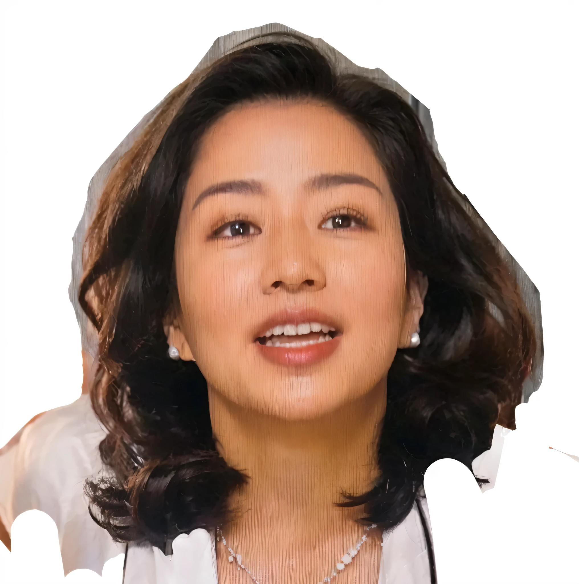 Woman wearing a white shirt and necklace, (photo realistic:1.4), (hyper realistic:1.4), (realistic:1.3), (smoother lighting:1.05), (Improve the quality of cinematic lighting:0.9), 32K, 40 year old Japanese woman, realistic lighting, Backlight, light shines on your face, ray tracing, (bright light:1.2), (Improvement of quality:1.4), (Highest quality realistic textured skin:1.4), detailed eyes, detailed face, high quality eyes, (Tired, sleepy and satisfied:0.0), close up of face, T-shirt, (Enhance the mood of your body line:1.1), (Enhances the beauty of skin texture:1.1)