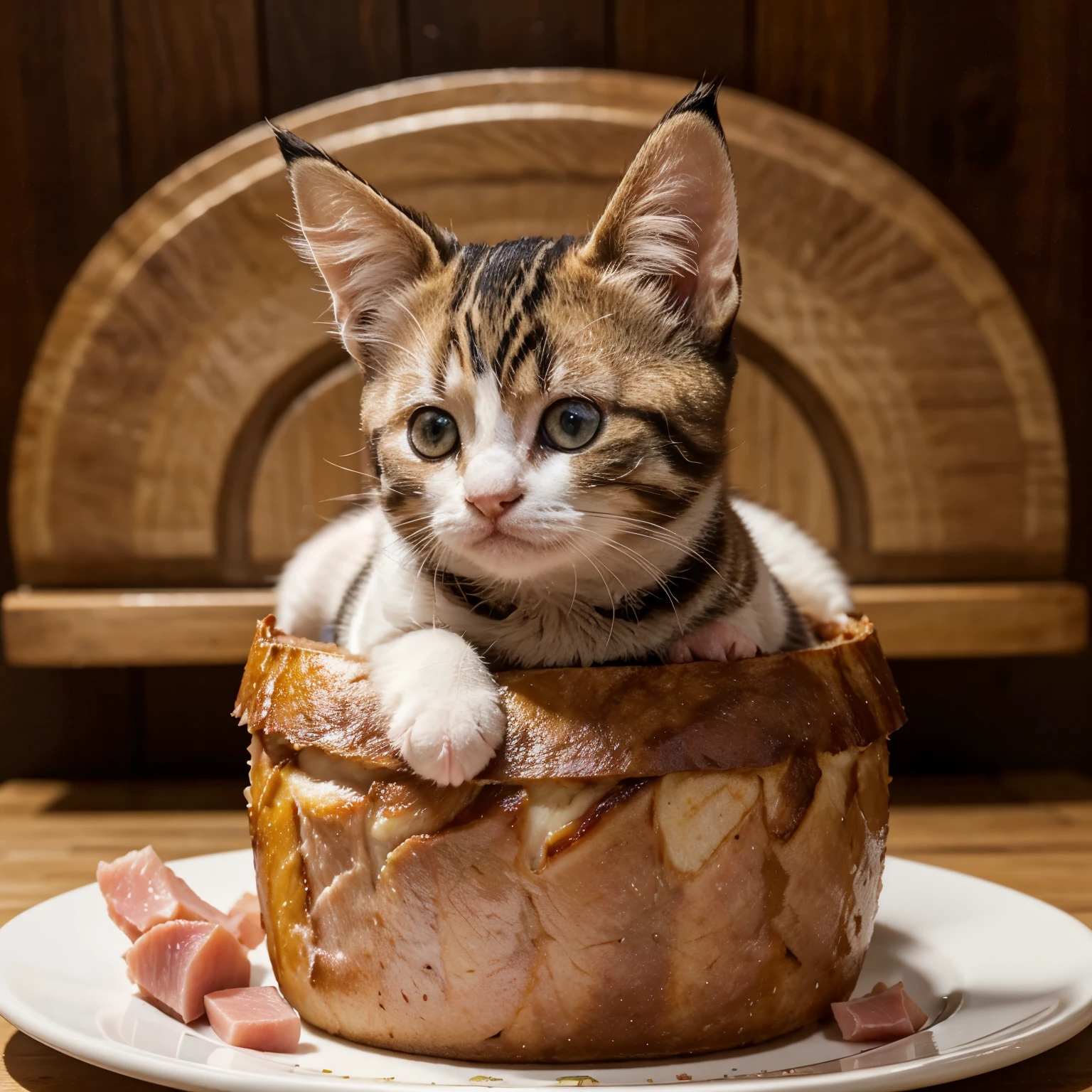 The photo looks professional, with an abundance of ham making it appetizing, and cute little kitten with ham on their heads