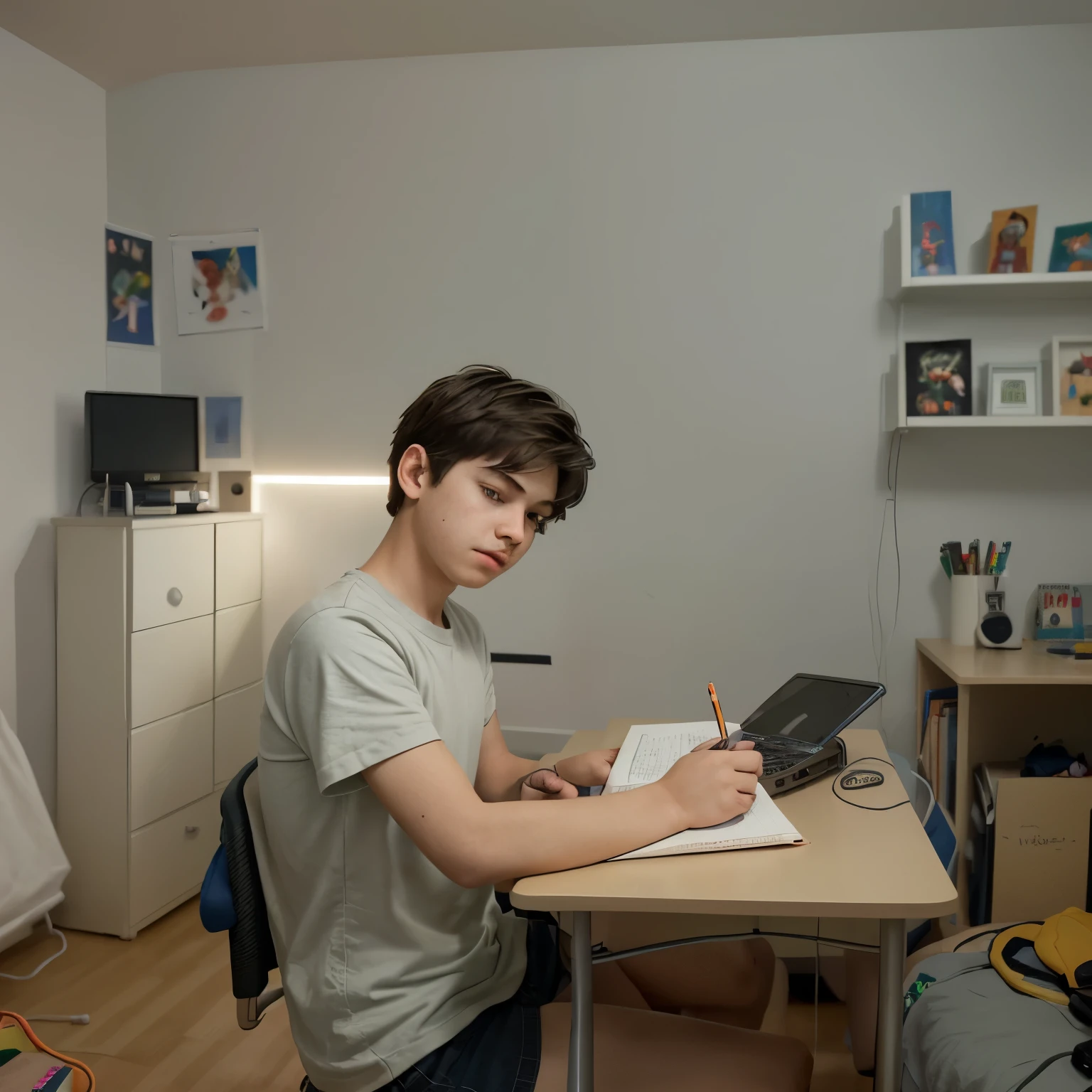 Generate a animation image a boy who study in room