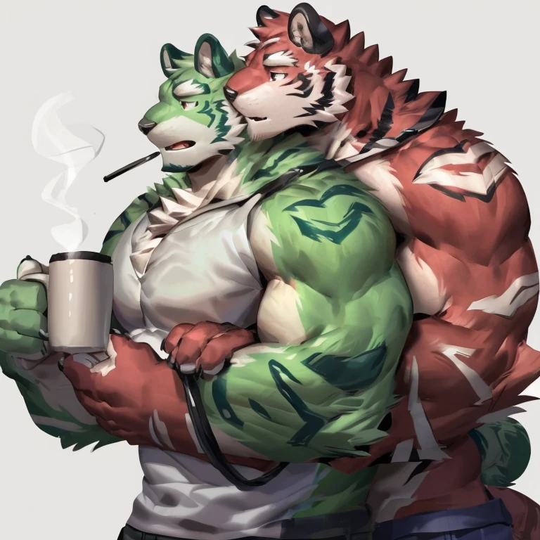 two muscular tiger , furry chest, muscular green tiger hug muscular tiger back, muscular green tiger stand behind, hug from behind, white background, perfect hand, perfect antomy, thick furry neck and chest fluff, handhold cup of coffee, kiss, hand into jock, side view, jock, having sex, by lindong, by nullghost