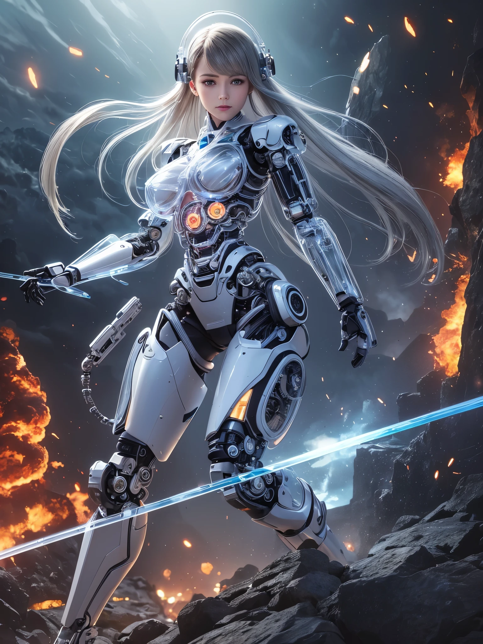 1girl,(table top,very detailed, heavy mechanism, hard surface),(concept art:1.0),(Taimanin Asagi style:1.3), A woman wearing a white high-leg bodysuit,Shooting lightning from the palm of your hand,(Equipped with tactical open face mask:1.4),(white body:1.1),(long legs:1.1),(big breasts:1.2),(constriction).(detailed eye:1.3),(detailed face:1.3),(weapon details:1.3),(detailed body:1.3),((full body esbian:1.5)),(Lightning in the background:1.5),lively