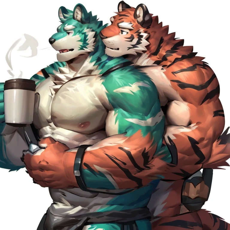 two muscular tiger , furry chest, muscular green tiger hug muscular tiger back, muscular green tiger stand behind, hug from behind, white background, perfect hand, perfect antomy, thick furry neck and chest fluff, handhold cup of coffee, kiss, hand into jock, side view, jock, having sex, by lindong, by nullghost
