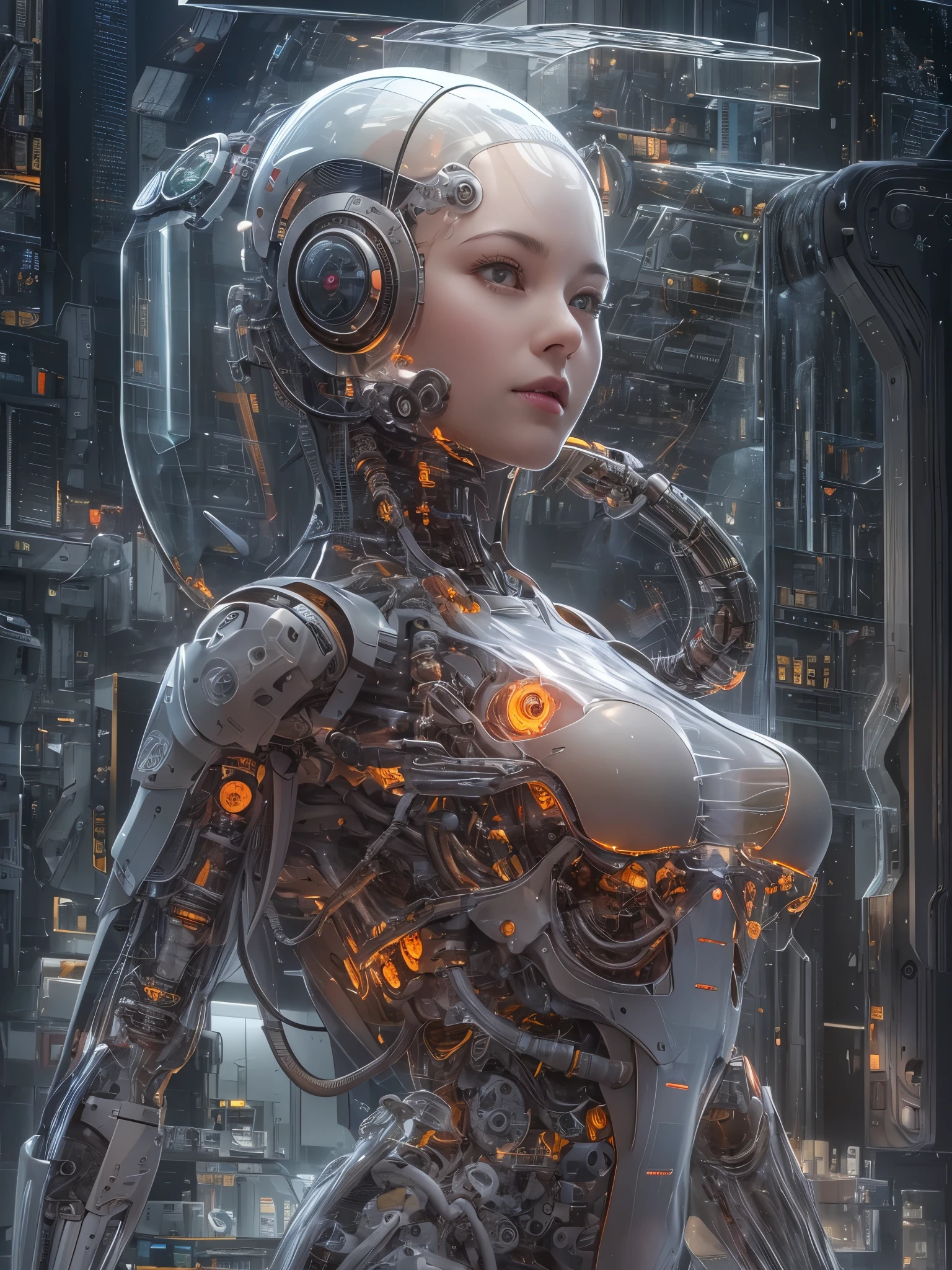 ((highest quality)),(ultra high resolution),(Super detailed),(detailed description),((best CG)),(best work of art),super precision art,amazing drawing art,(Sci-fi art with precise details:1.5), (female cyborg:1.6),(A meticulously detailed, fully mechanical body:1.5),cylinder,Actuator,((transparent parts:1.8)),Precision circuit,action,ダイナミックaction,dynamic pose, The power of science, explosion,hot air,