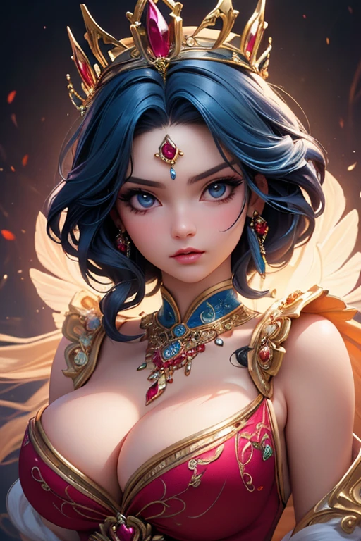 ((best quality)), ((masterpiece)), (detailed), The Goddess of Love, (Behance contest winner:1.2), fantasy art, crown of giant rubies, style of Ross Tran, captivating lighting, 8k resolution, striking facial expression, (elaborate costume details:1.3), vibrant colors, powerful presence, (ethereal glow:1.1)