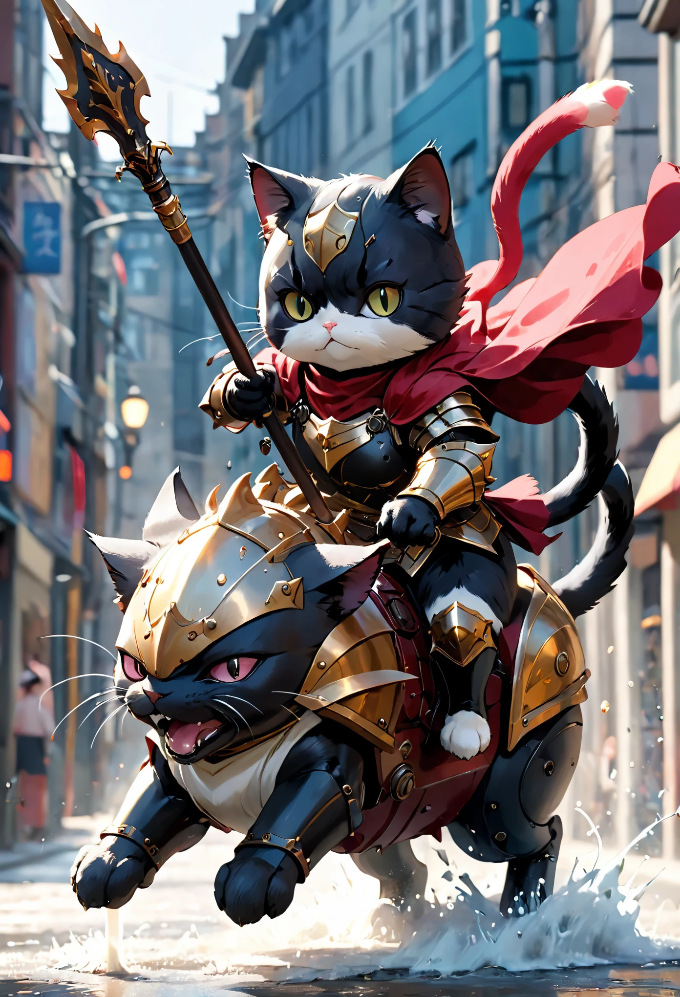 Flat coating,celluloid style,Cat Knight,Riding a machine,Charge forward wielding a huge spear,8k,masterpiece,high quality,Super fine