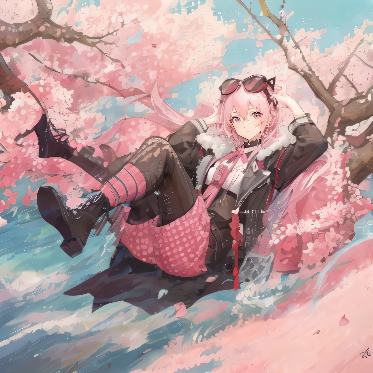 Anime girl in a pink dress lying on a tree branch, sakura season, spring day, artwork in the style of Gweiz, under the cherry tree, Gweiz, Anime atmosphere, haruno sakura, Trending on Art Station Pixiv, anime, A mix of anime style and Fujifilm, Cherry Blossom, anime style 4k, Cherry Blossom petals surround her, The aesthetics of anime