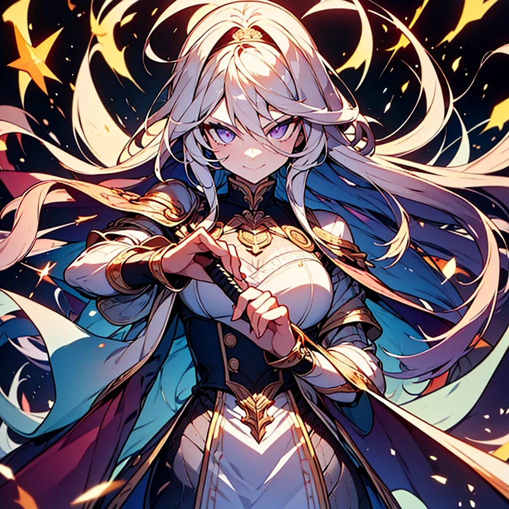 cat ear,hair is white and long,Wearing a gold helmet on his head, the skin is pale, The blade of light envelops me like a serpent in an interstellar wind, Highest Quality, Decoration of a war maiden with a blue cloak on her shoulders, She unleashes the sword of the brave, ((Strong)), 8 Blue Light Swords,Blade of Light,Lens Flare, Big rainbow,The moon shines,Star chips, bloom, ((light glow)), chromatic abberation], Digital Painting, Insane details, Intricate details, Beautifully color graded, Unreal Engine, Cinematic , colour grading, Editorial Photography , Photography, photo shot, Shot on 70mm lens, depth of fields, degrees of freedom, Tilt Blur, Shutter Speed 1/1000, H/22