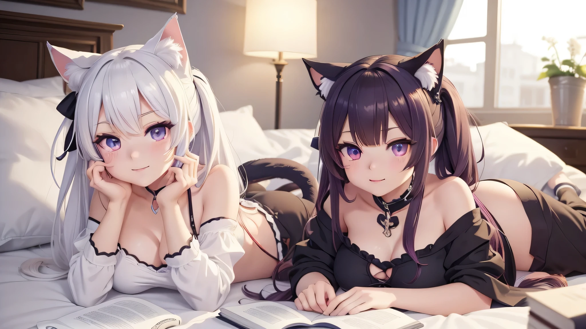 cute loungewear,fun,I read a book,anime girl, one girl,small details, 4k, 8K, 12k,beautiful girl, white woman, , Cat ear, Luxury red bedroom,purple hair,(((highest quality))),((detailed and beautiful eyes)),(eyelash),smile,anime girl, azur lane style, From the Azur Lane video game, Trending on Art Station Pixiv, very beautiful anime cat girl, Cat earのanime girl, splash art anime , It&#39;s trending on pixiv, anime moe art style((best quality)),((very detailed))