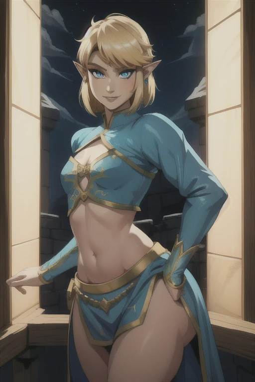 Link,short blond hair,pointy ears, blue eyes,  light makeup,  midriff, flat chest,  navel, lips, seductive smile, 
bridal gauntlets, blue tunic,  long sleeves,  
 night,  tavern, a
(insanely detailed, beautiful detailed face, masterpiece, best quality) standing, upper body, bottom heavy
 